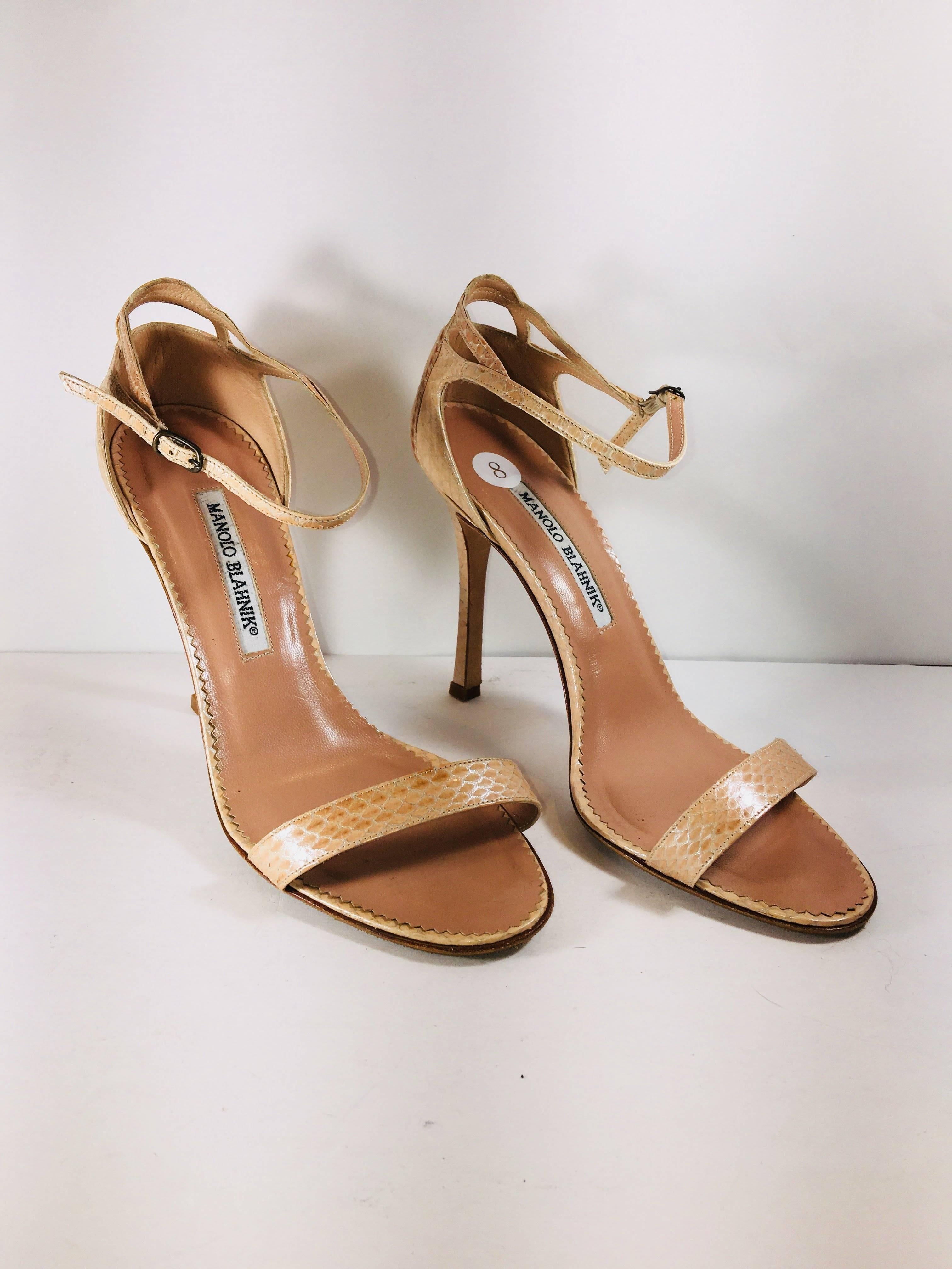 Manolo Blahnik Tan Leather "Python" Heels with Silver Detail.