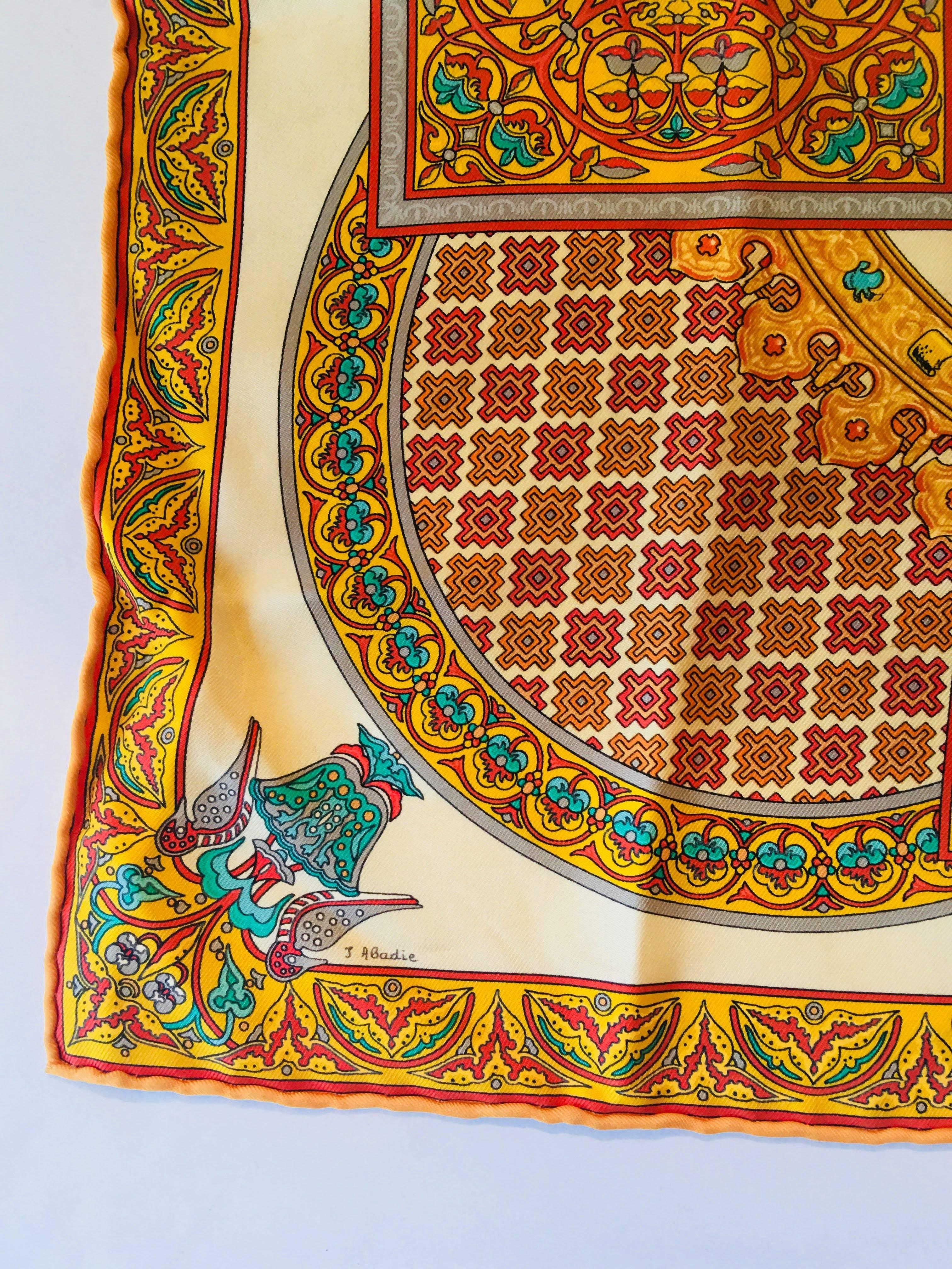 Hermes Silk Orange, Yellow, and Blue 'Celis Byzantins' Scarf with Hermes Box.