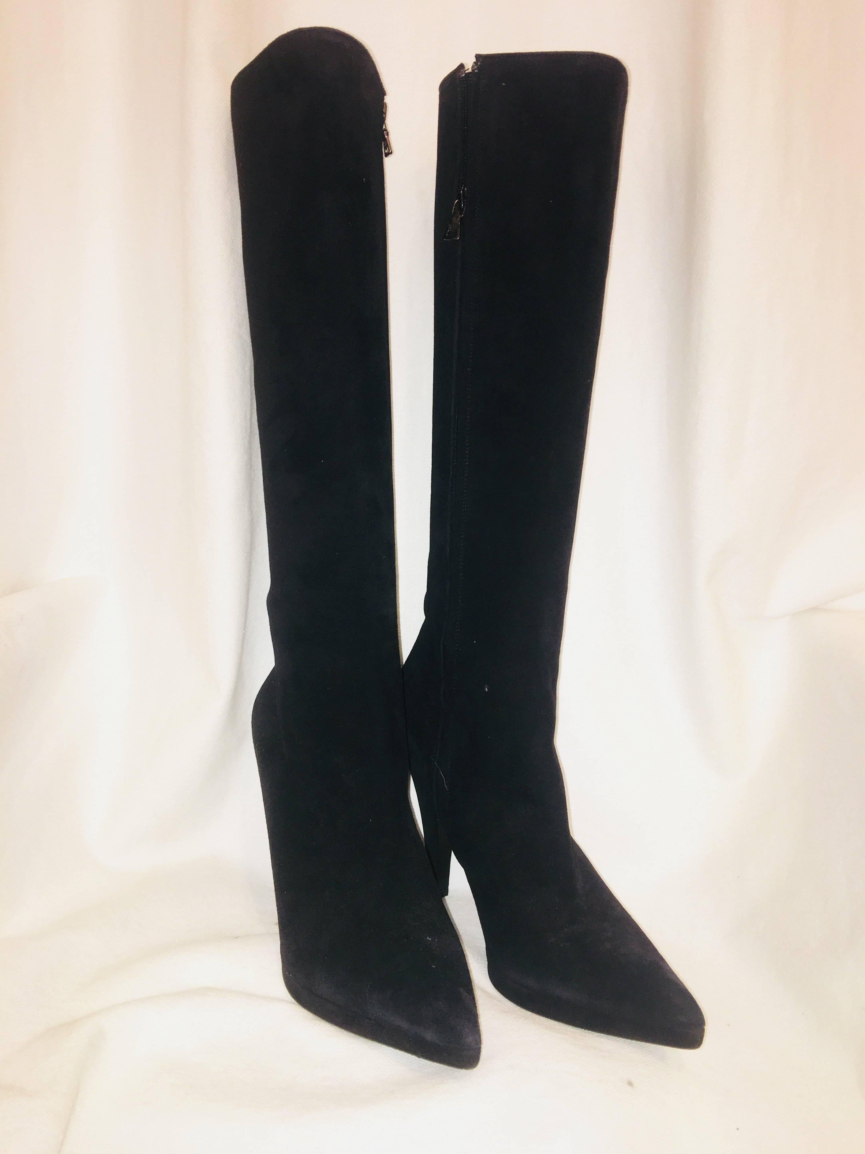 Prada Knee High Black Suede Boot with Interior Zip.