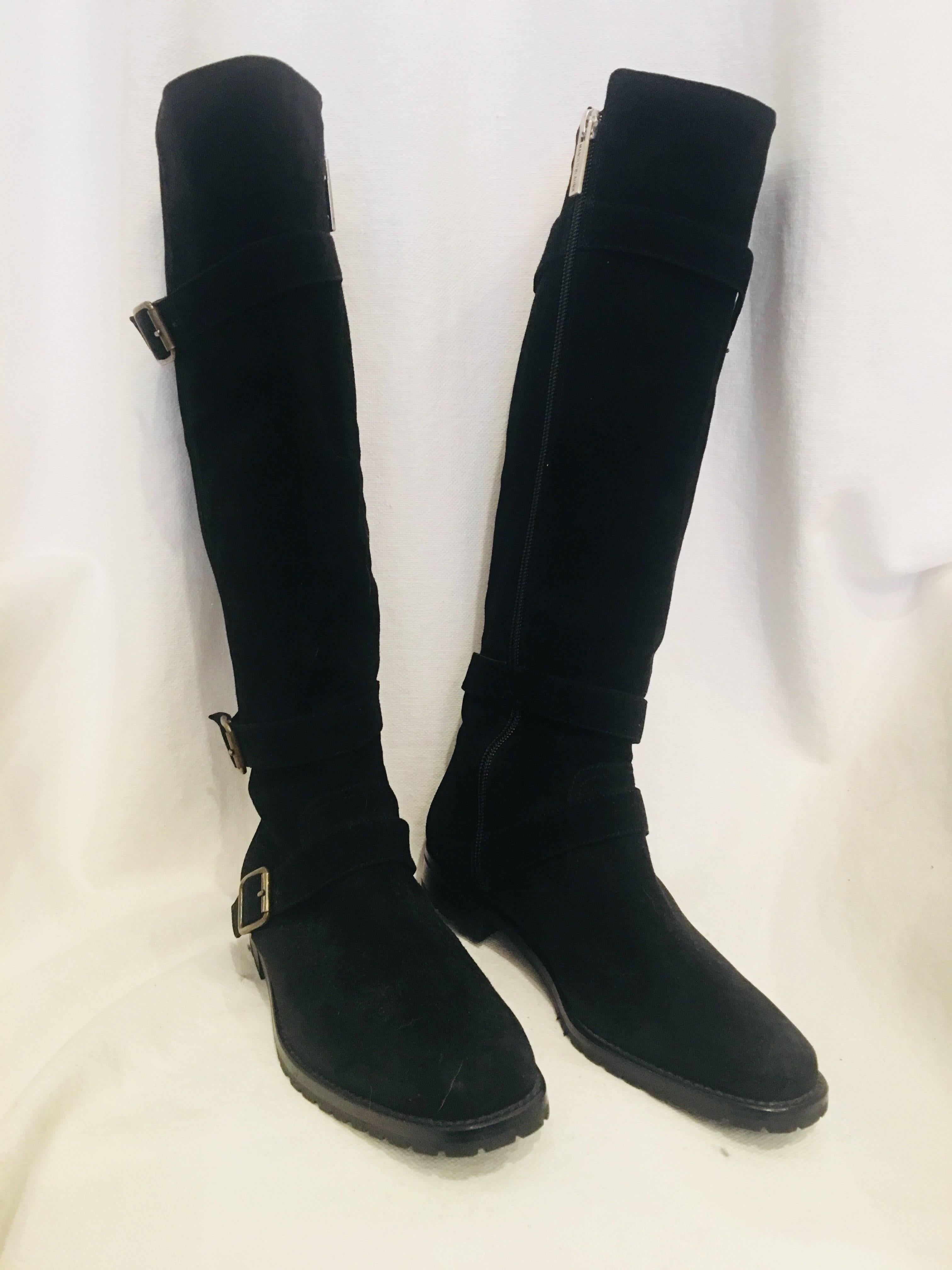 Manolo Blahnik Black Suede Mid-Calf Boots with Buckle Closures at Ankles