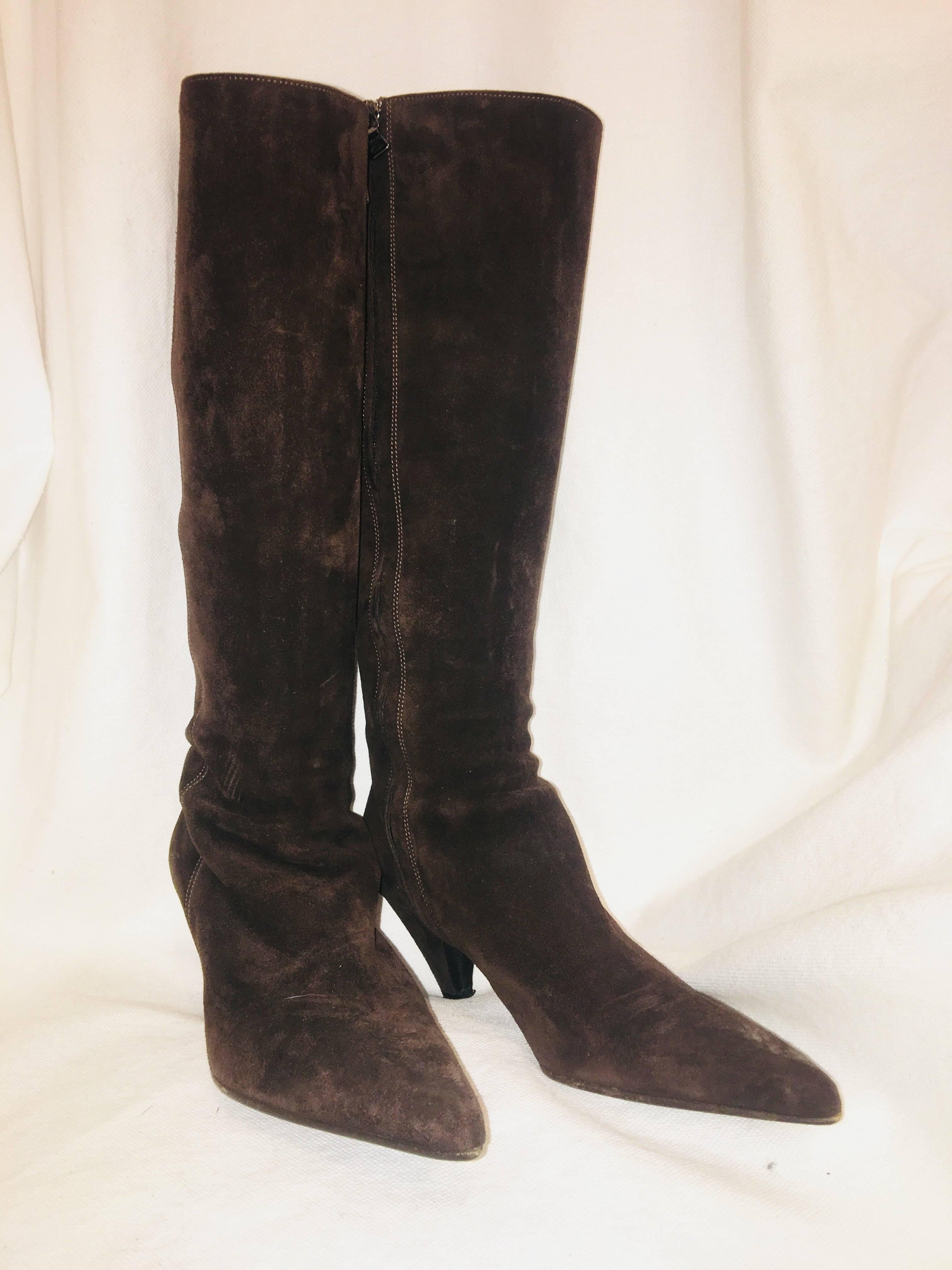 Prada Pointed Toe Brown Suede Boots with Kitten Heel