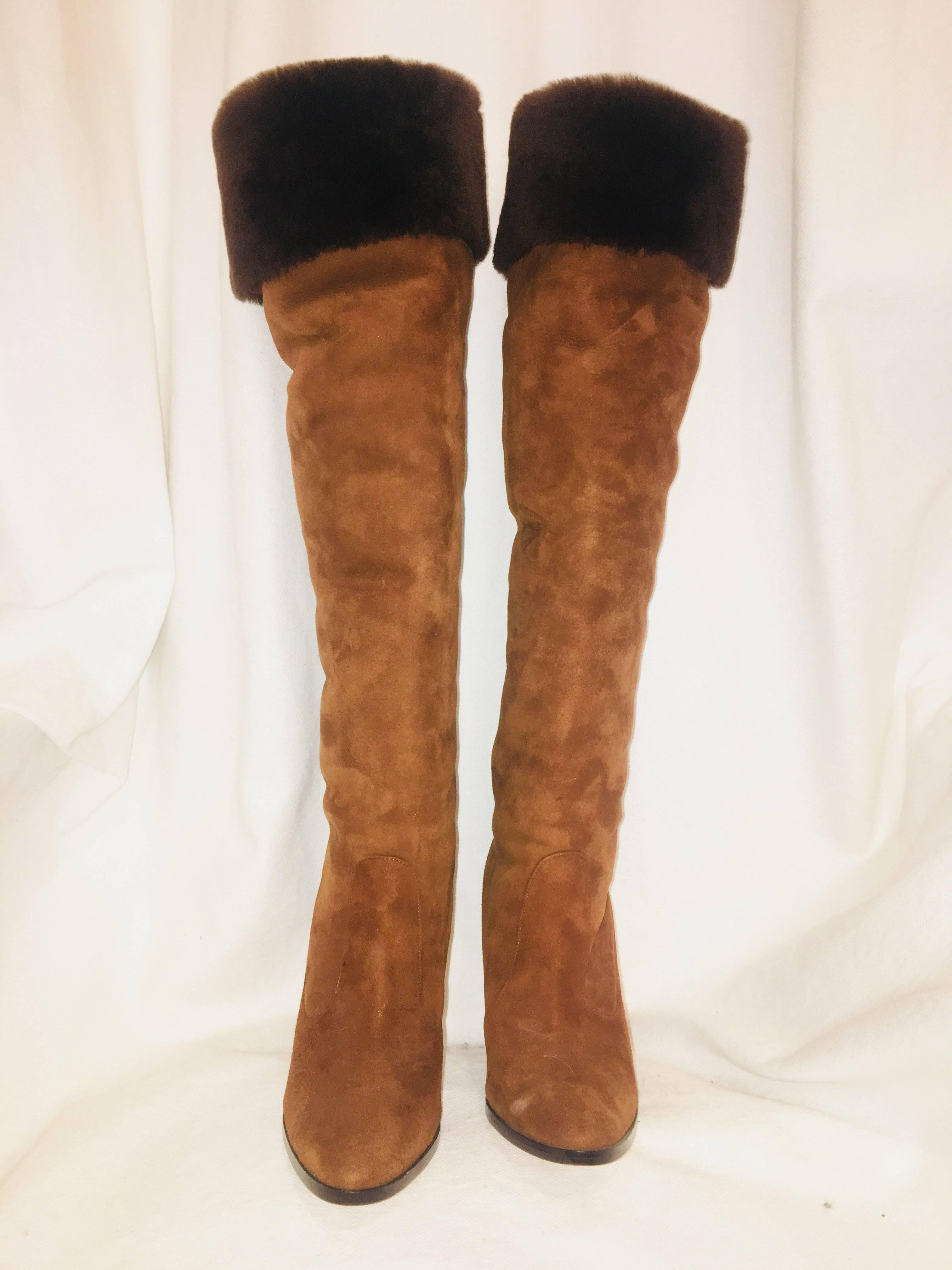 Brown Manolo Blahnik Tall Boots with Fur