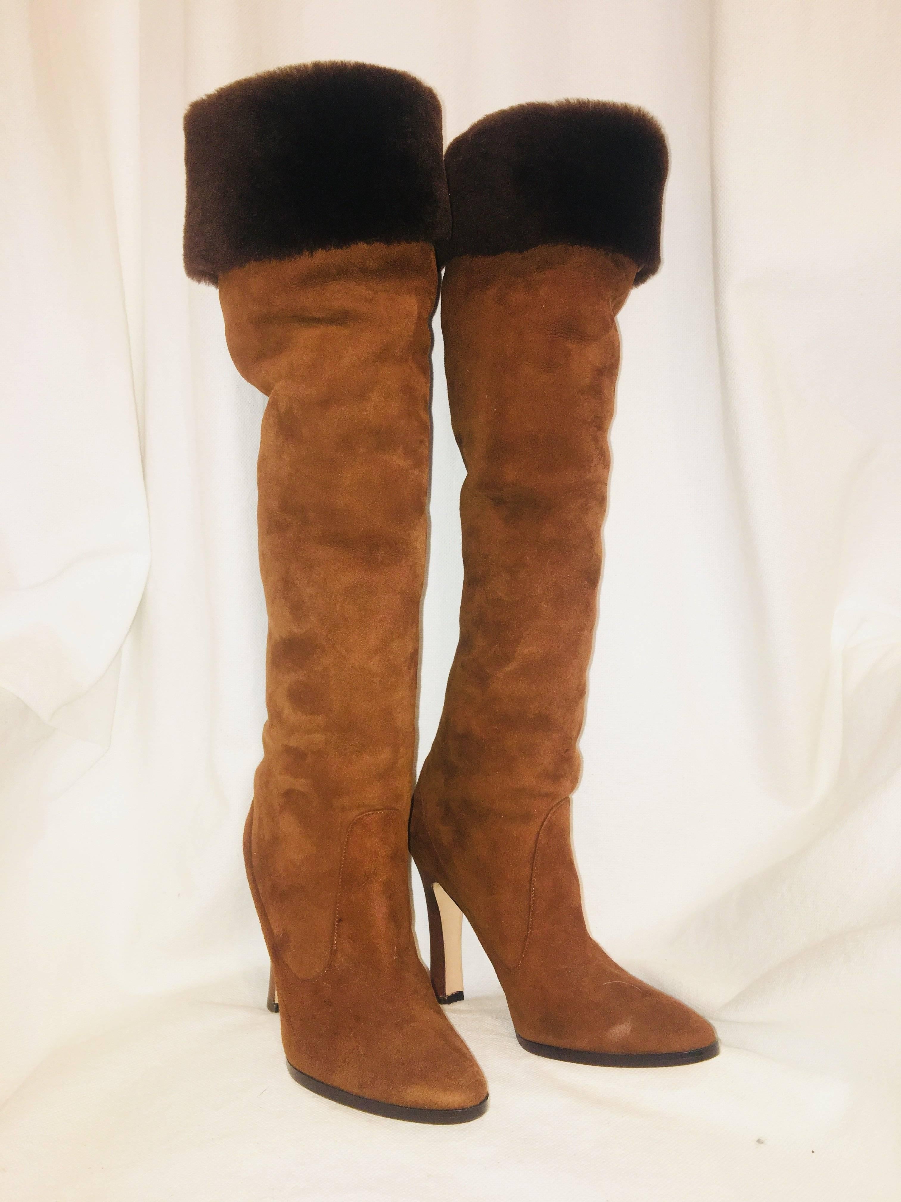 Manolo Blahnik Tall Brown Suede Boots with Fur around Top