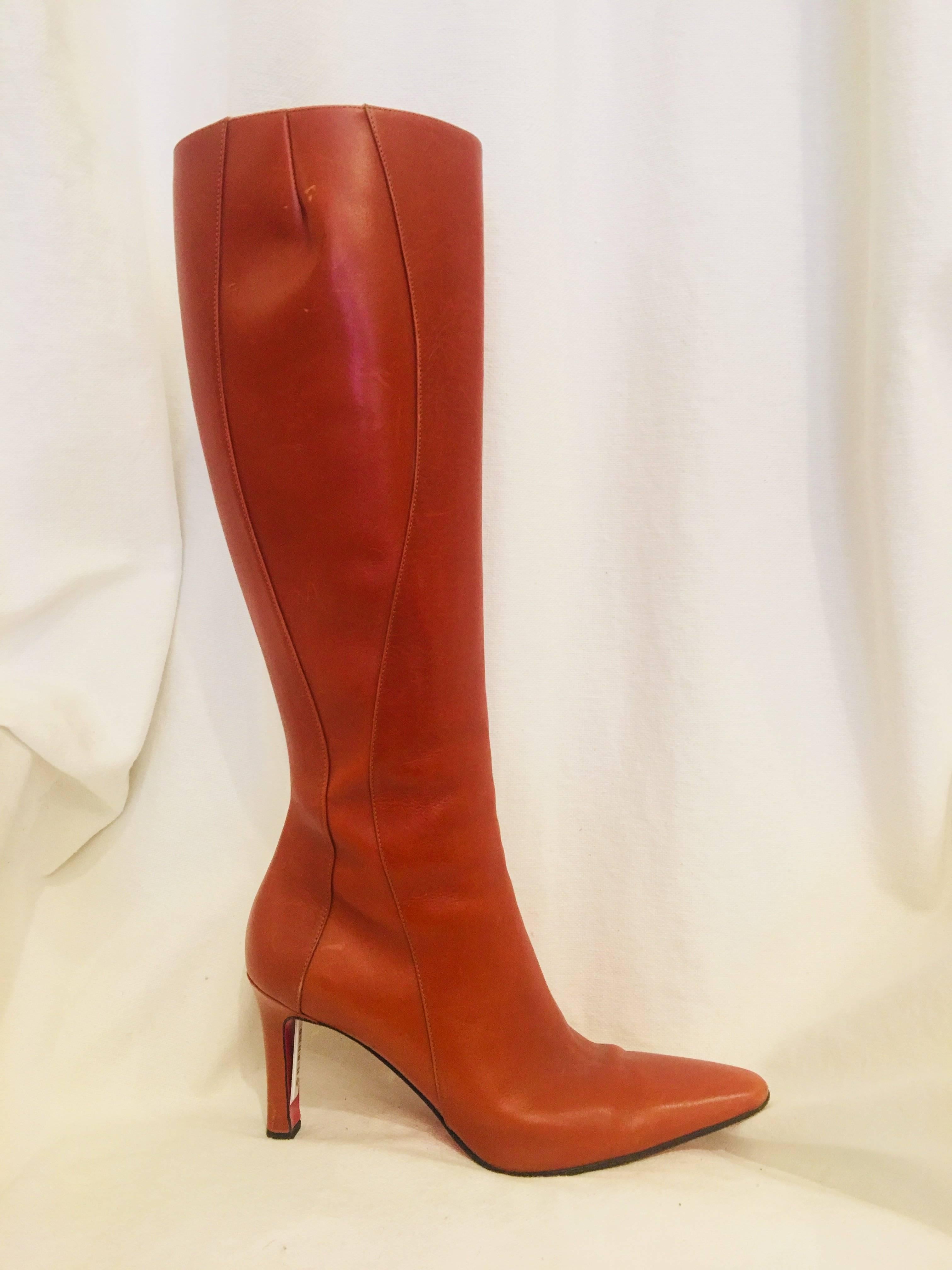 Christian Louboutin Knee High Boots in Rust Leather with Side Zipper