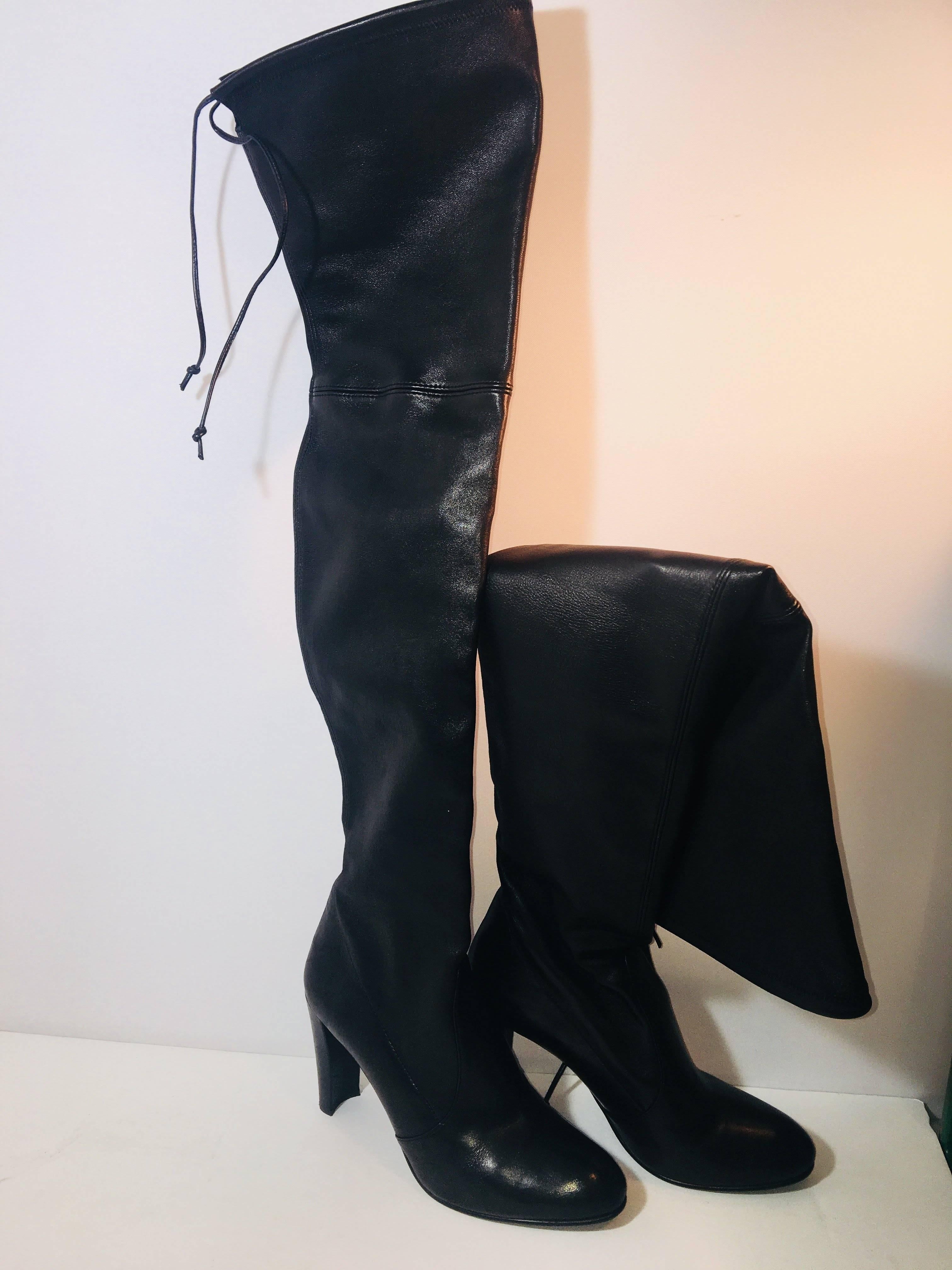 Stuart Weitzman Thigh-High Boots in Black Leather with Lace up Detail