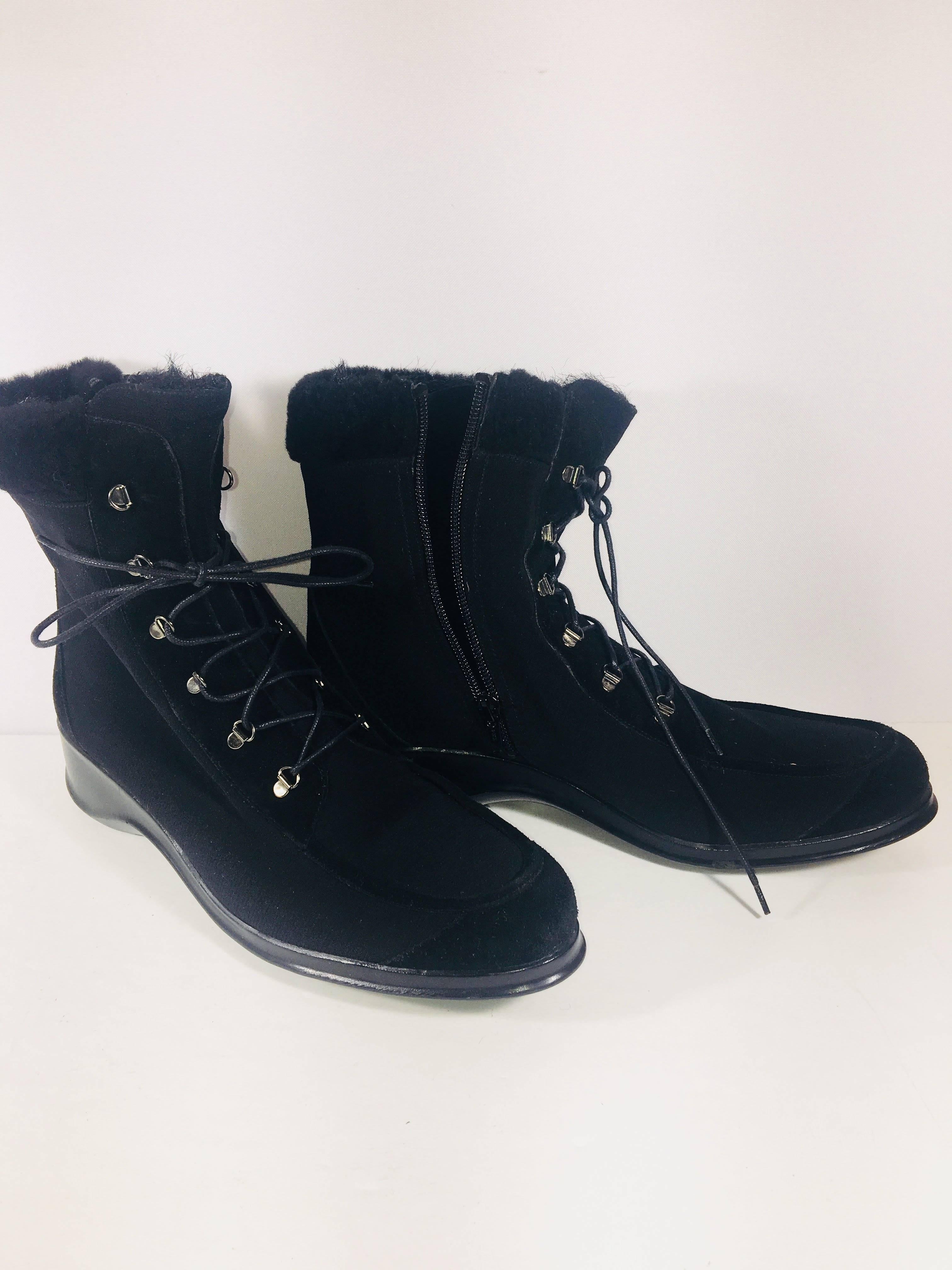 Stuart Weitzman Wedge Ankle Boots in Black Suede in Size 10. Lace Up and Zip Sides.
