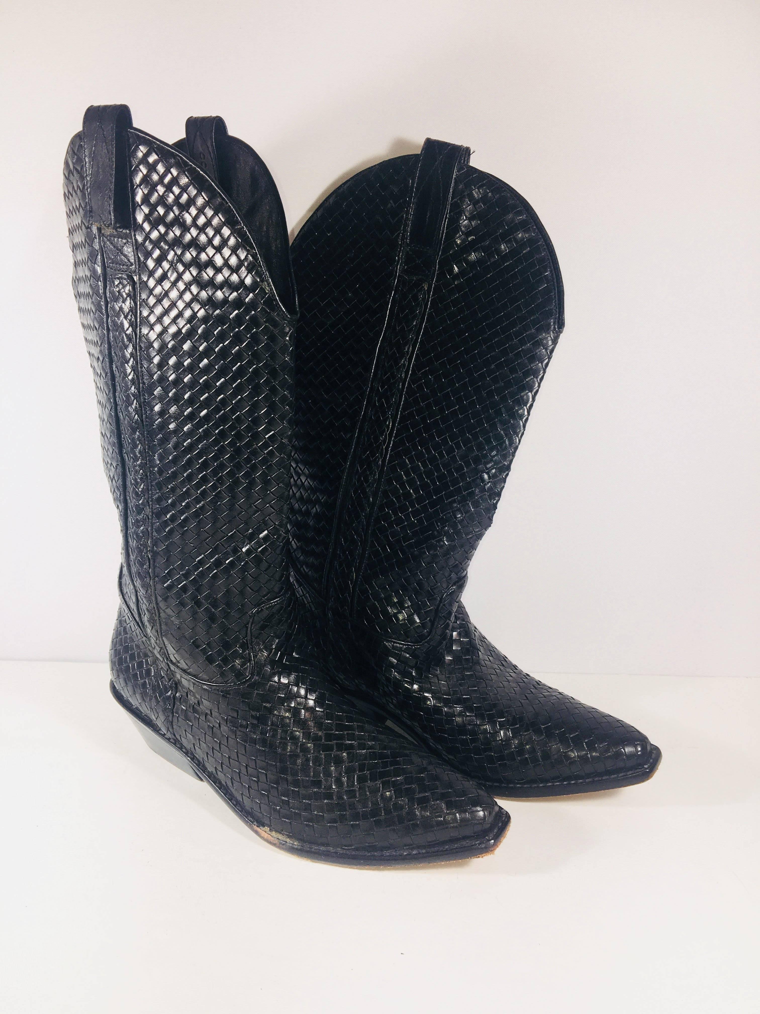 Cole Haan Black Leather Woven Cowboy Boots, Mid-Calf Height in size 8.5