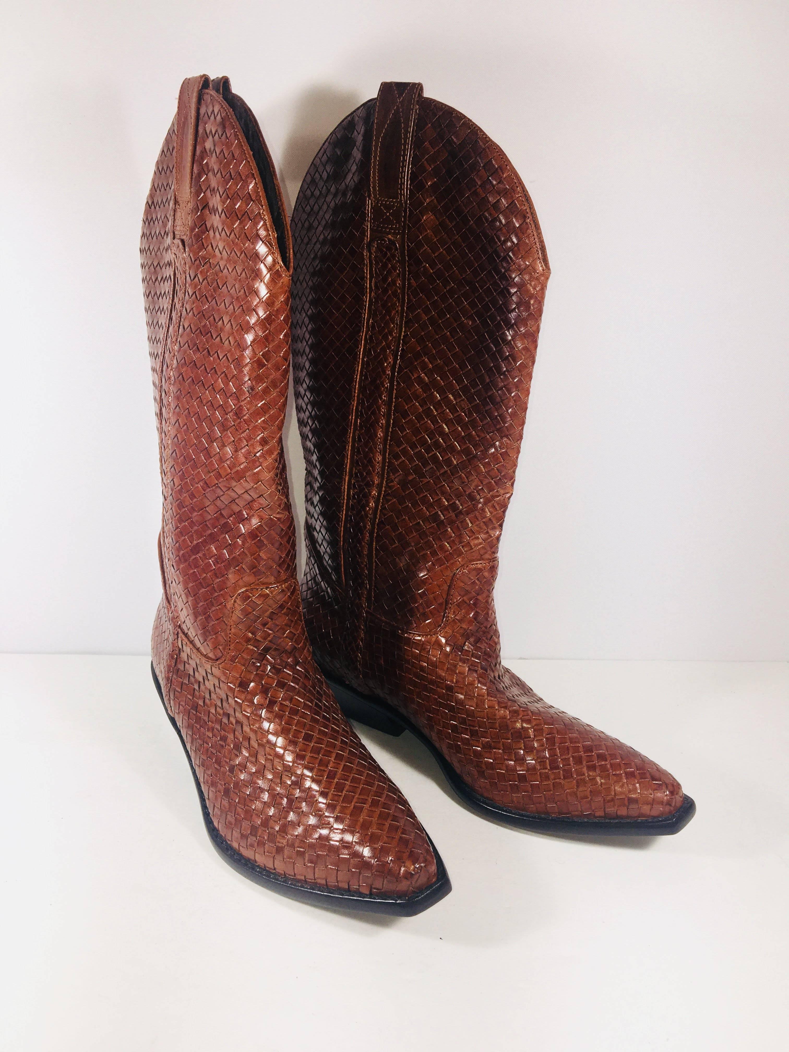 Cole Haan Cognac Leather Woven Cowboy Boots, Mid-Calf Height in size 8.5