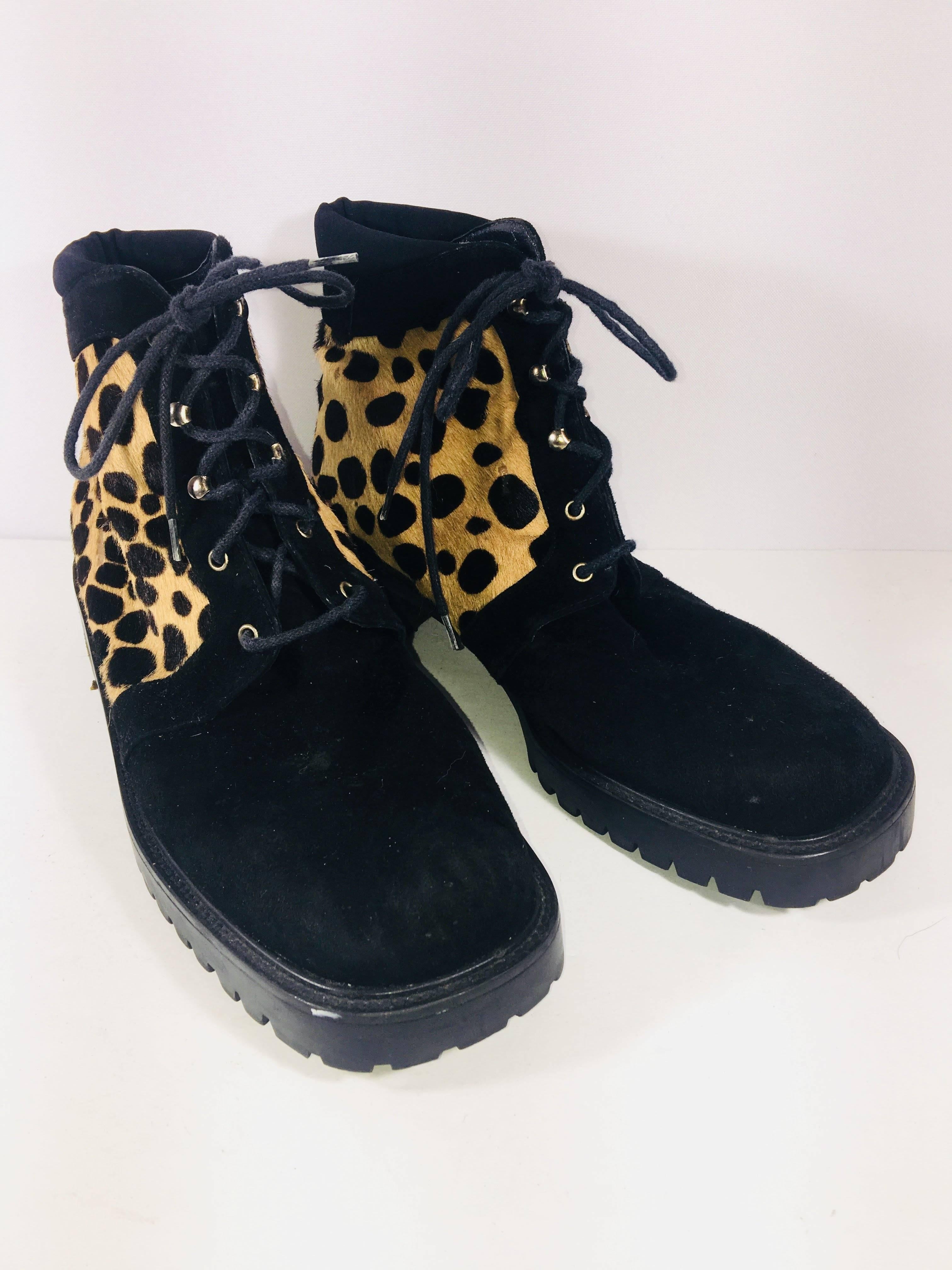 Stuart Weitzman Cheetah Print Ankle Boots in Black Suede with Cheetah Print Panels. Lace up Front and Chunky Heel.