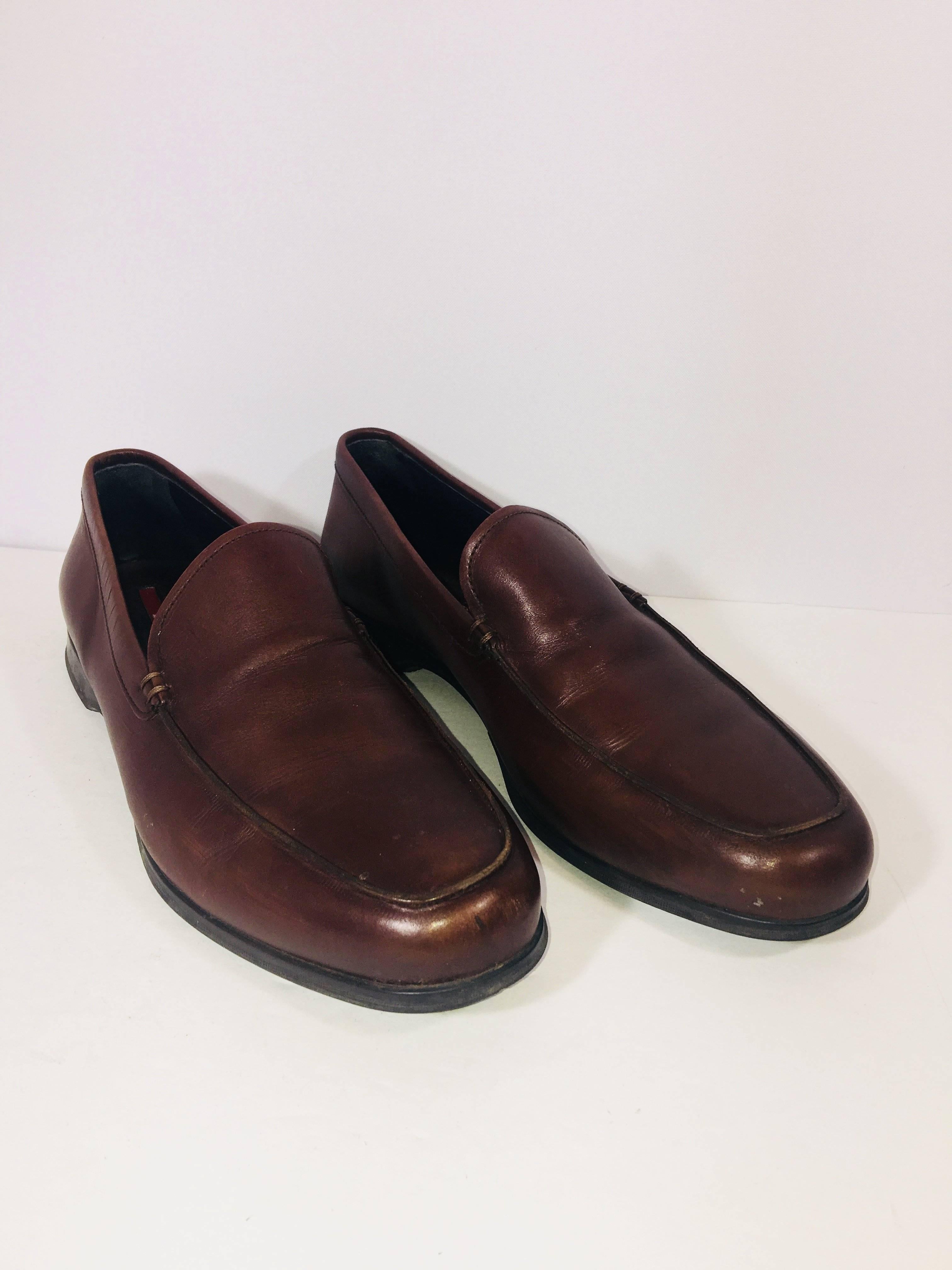 Mens Prada Slide On Loafers in Brown Leather 