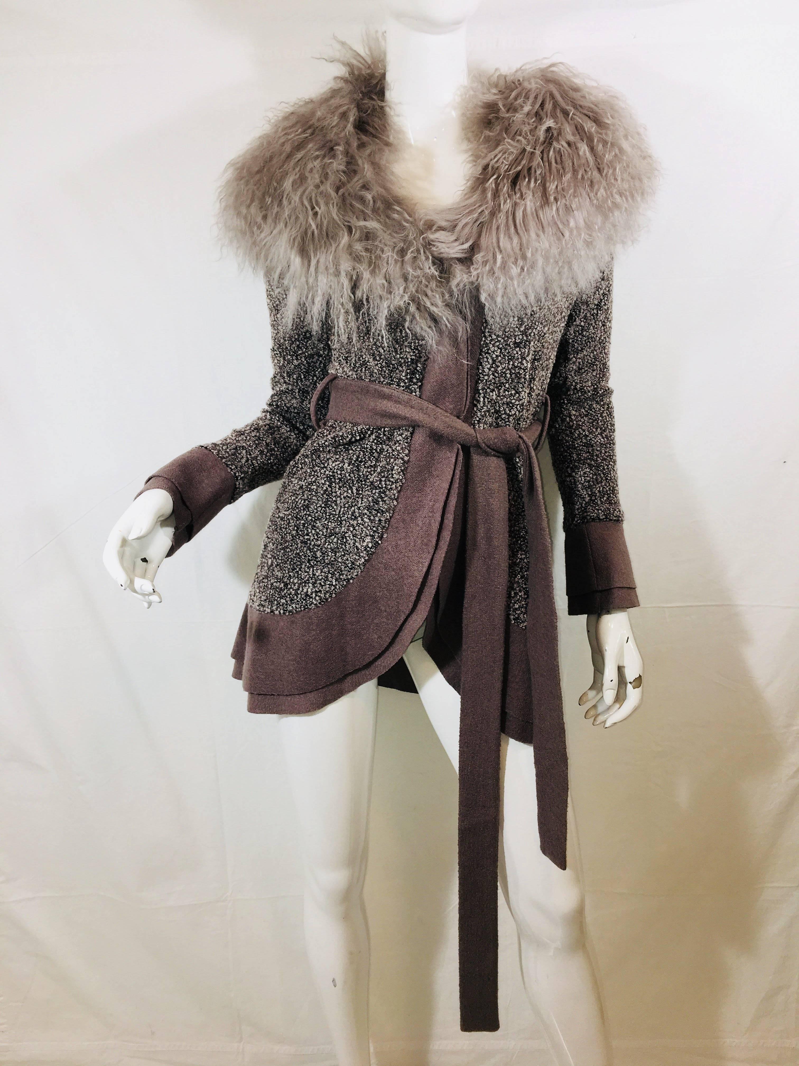 Courage.b Knit Wool Cardigan with Lamb Fur Trim and Waist Belt