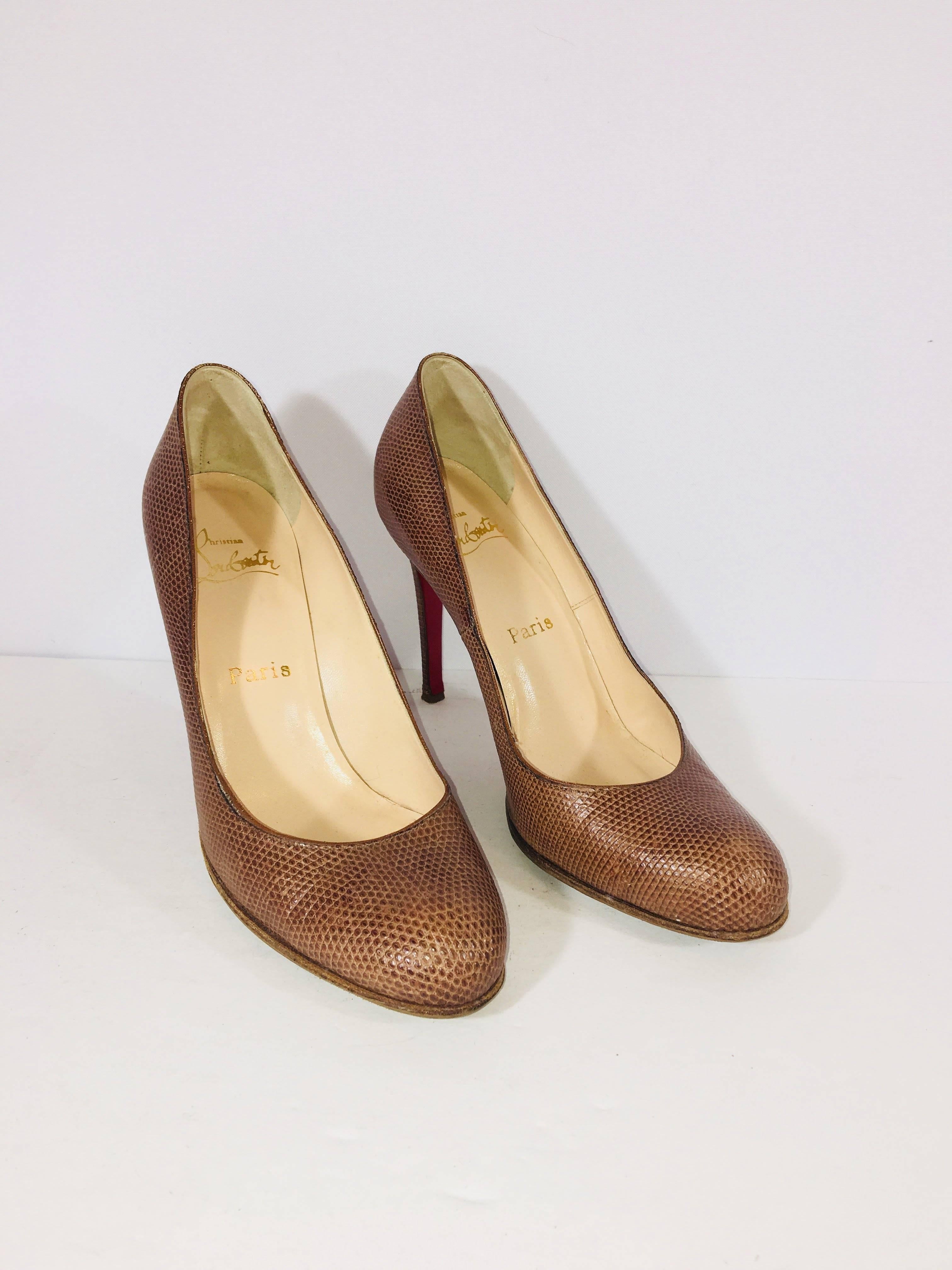 Christian Louboutin Lizard/Snake Texture Brown Leather Round Toe Pumps