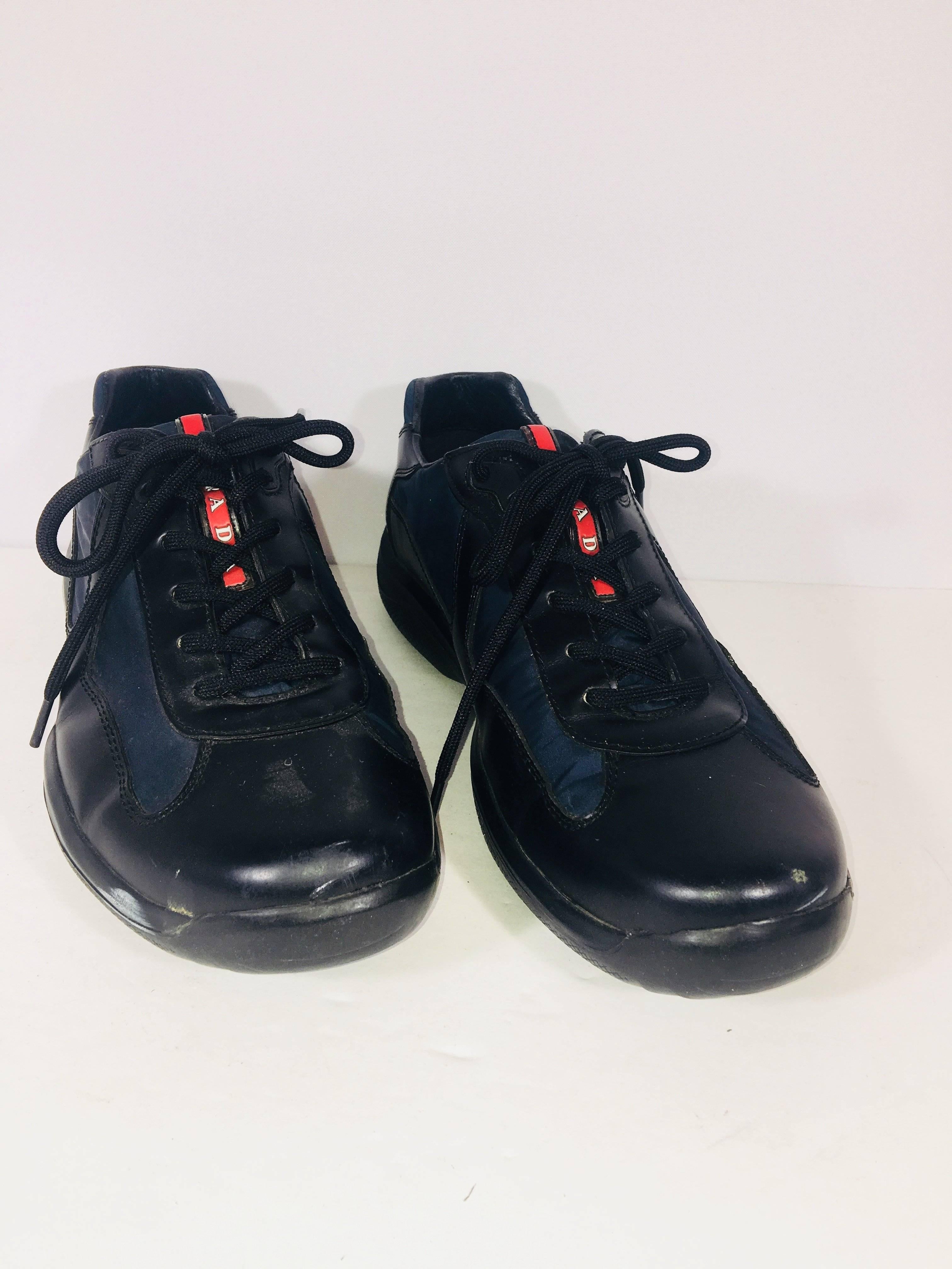 Men's Prada American Cup Low-Top Sneakers in Black Leather with Blue Panels