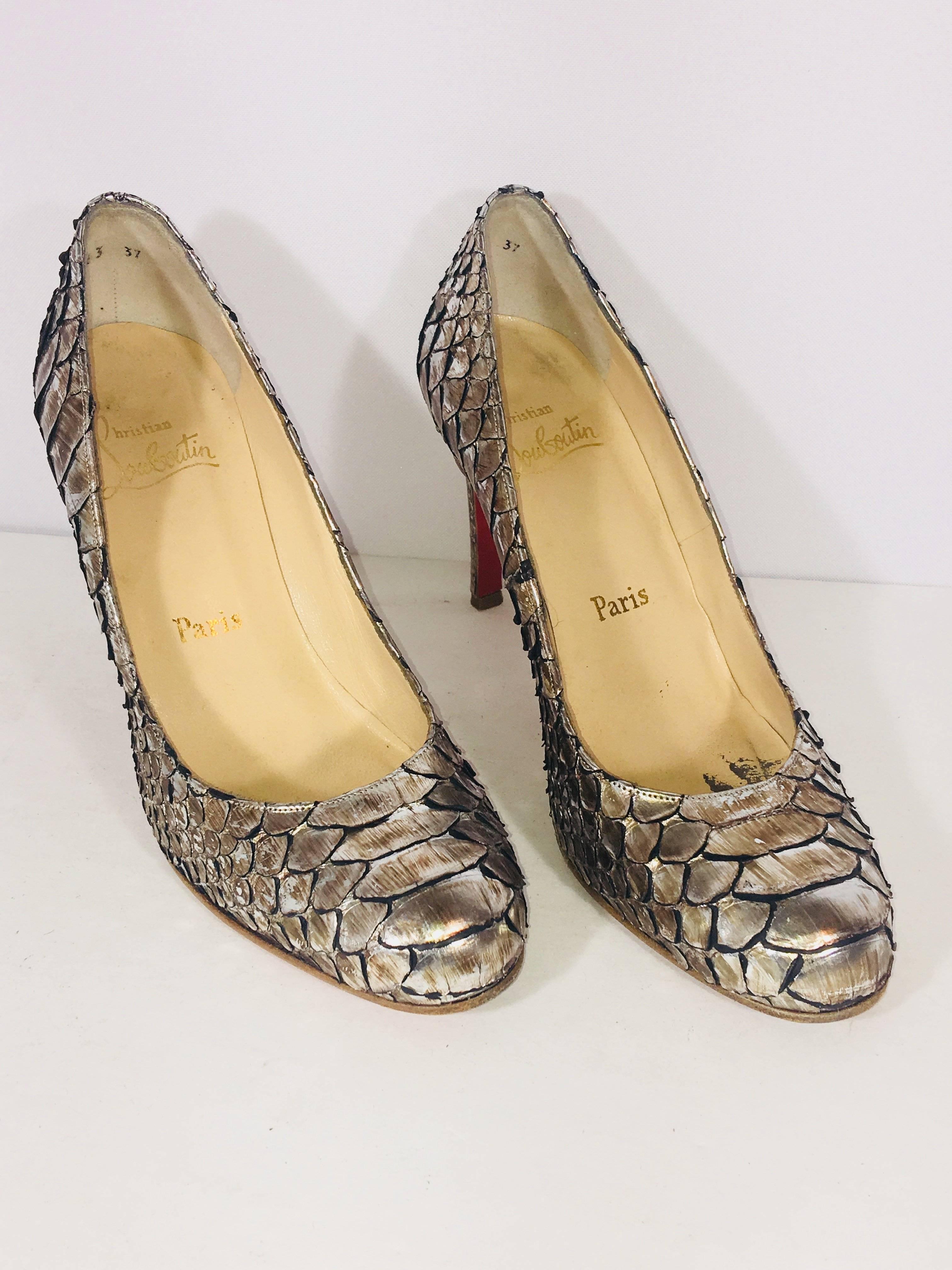 Christian Louboutin Silver Python Pumps with Round Toe