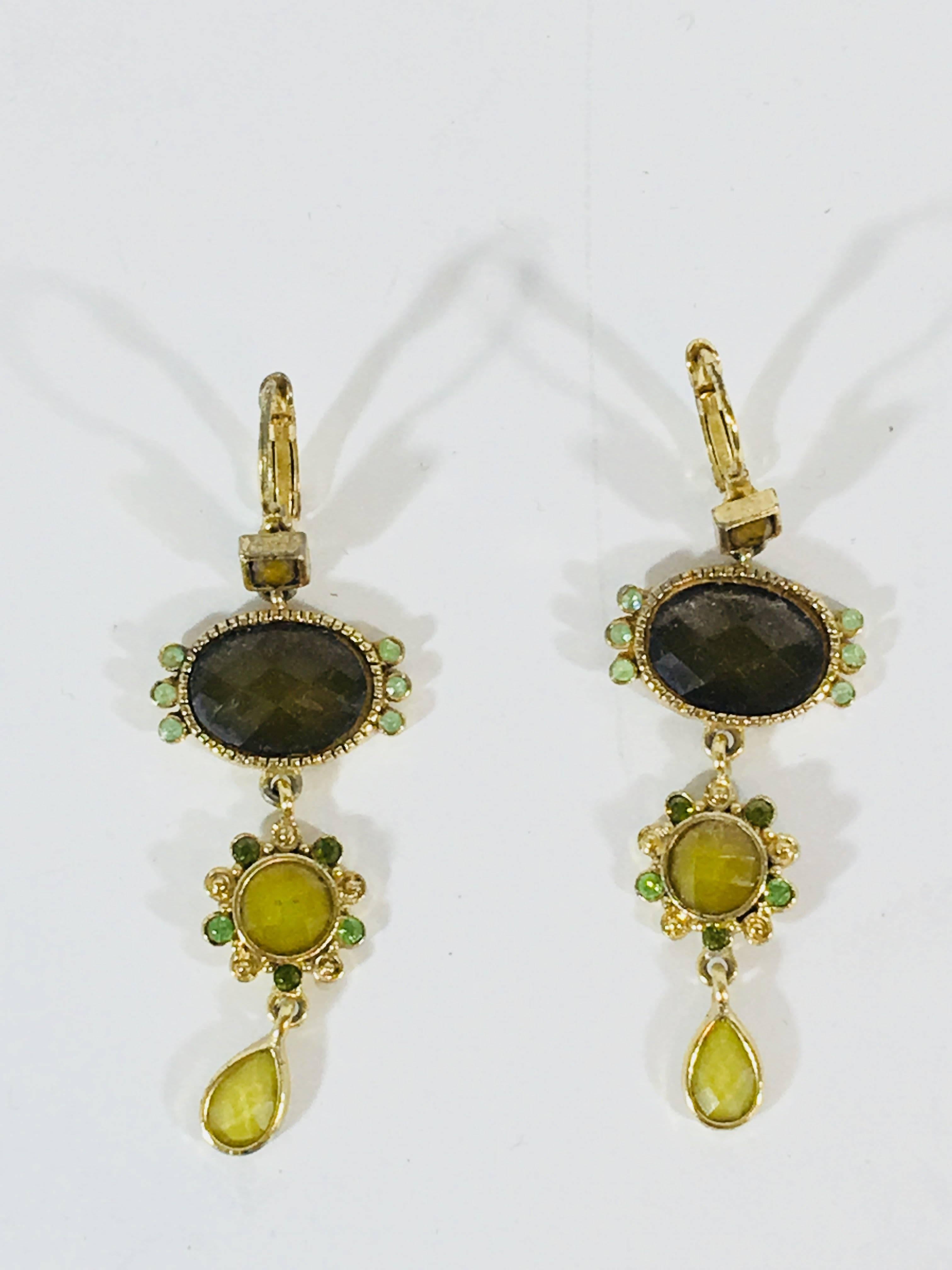 3-Tier Dangle Earrings with Green and Yellow Stones on French Wire