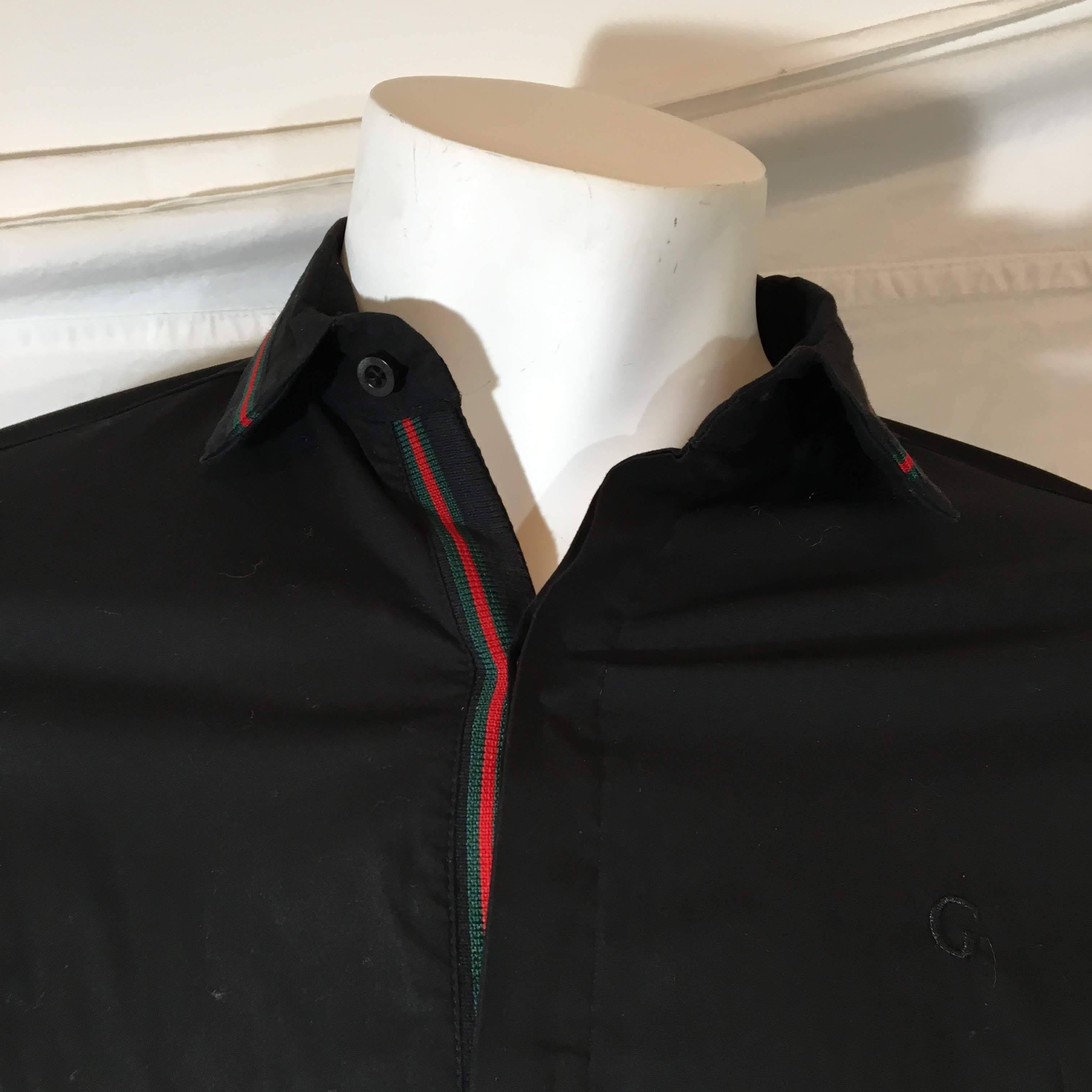 Mens Gucci Button Down Dress Shirt. Black Cotton with Red And Green Stripe Trim and Small Black on Black G Logo on Chest.