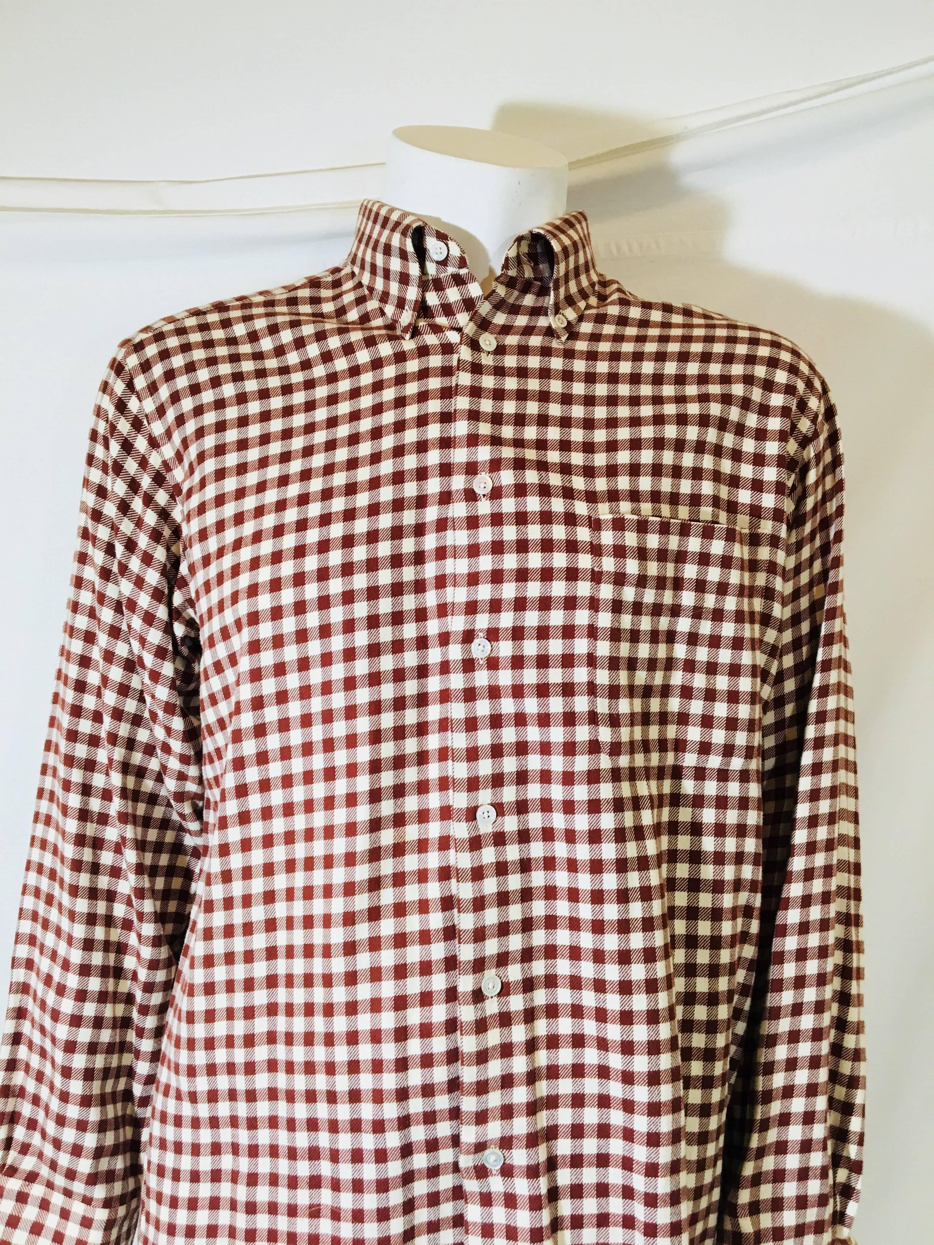 Mens Hermes Maroon and White Gingham Cotton Button Up With Single Breast Pocket.