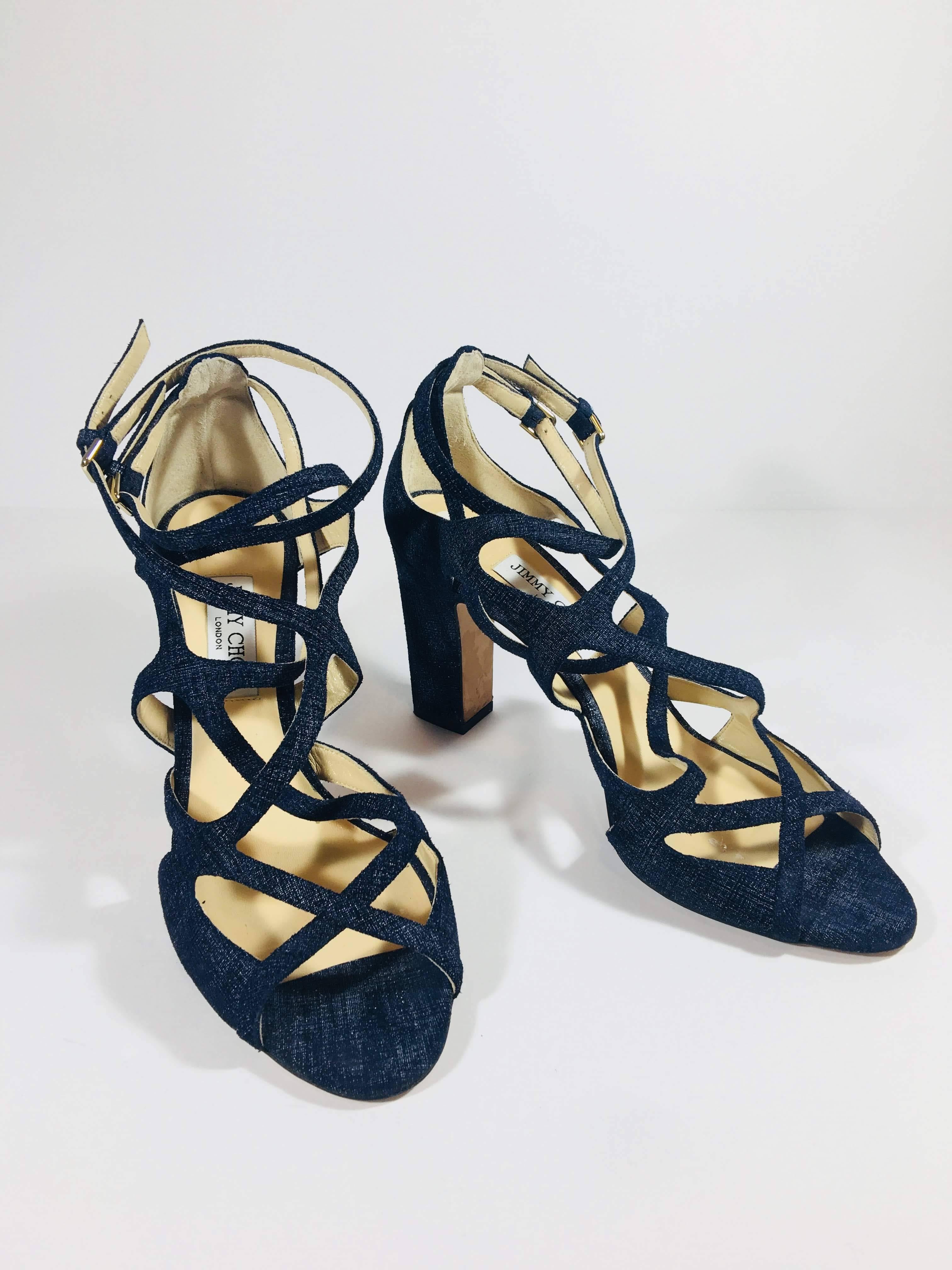 Jimmy Choo Cage Pumps in Dark Wash Denim with Open Toe,  Ankle Straps and Thick Stiletto Heel. Made in Italy, Size 42.