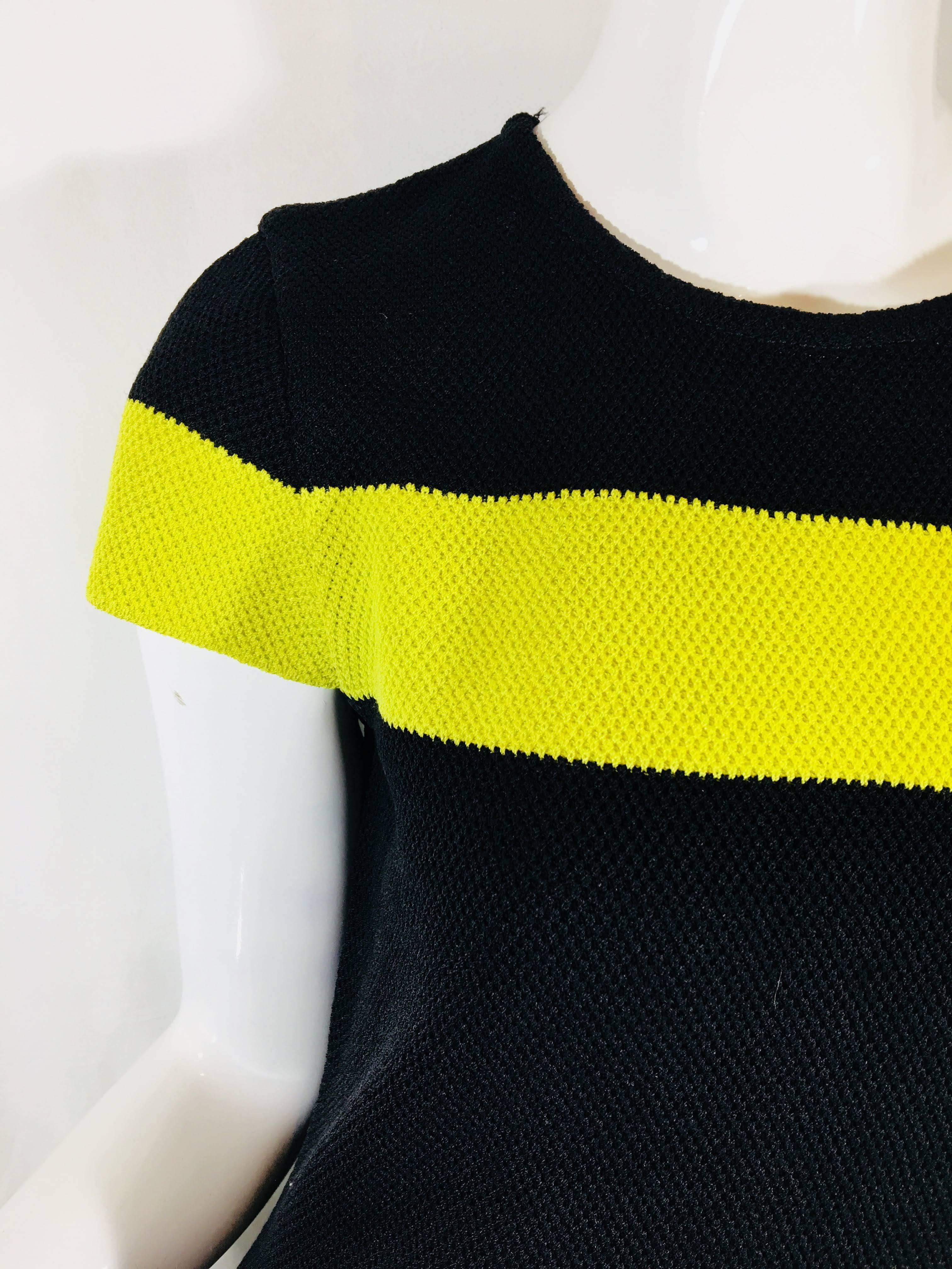 St John Knit Dress with Cap Sleeves with Yellow and Black Color Blocking Stripes.