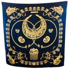 Hermes Black and Gold Silk "Les Cavaliers D'Or" Scarf
