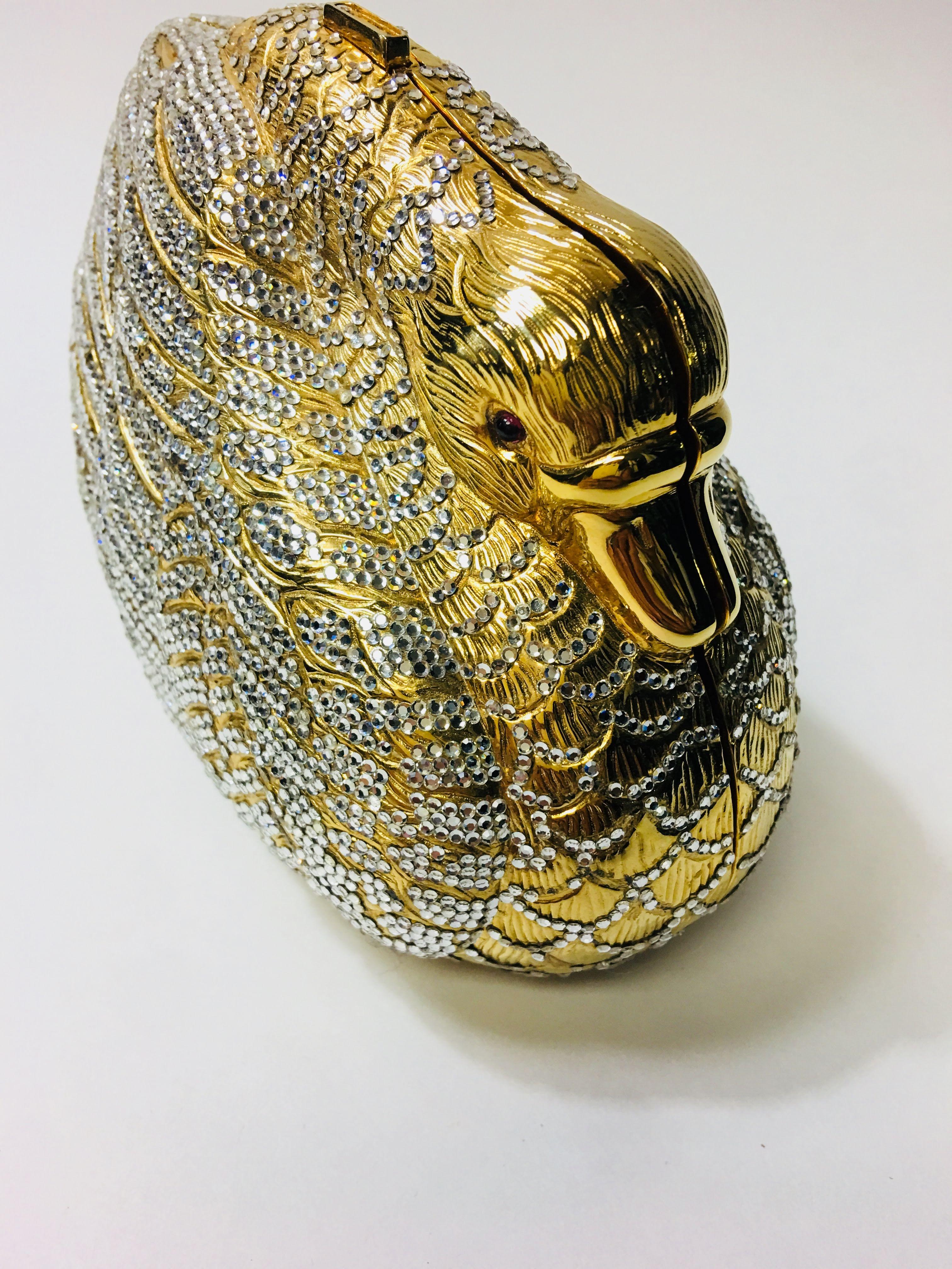 Judith Leiber Embellished Gold Swan Clutch with Gold Chain Shoulder Strap.
Original Packaging. 
Measures 6