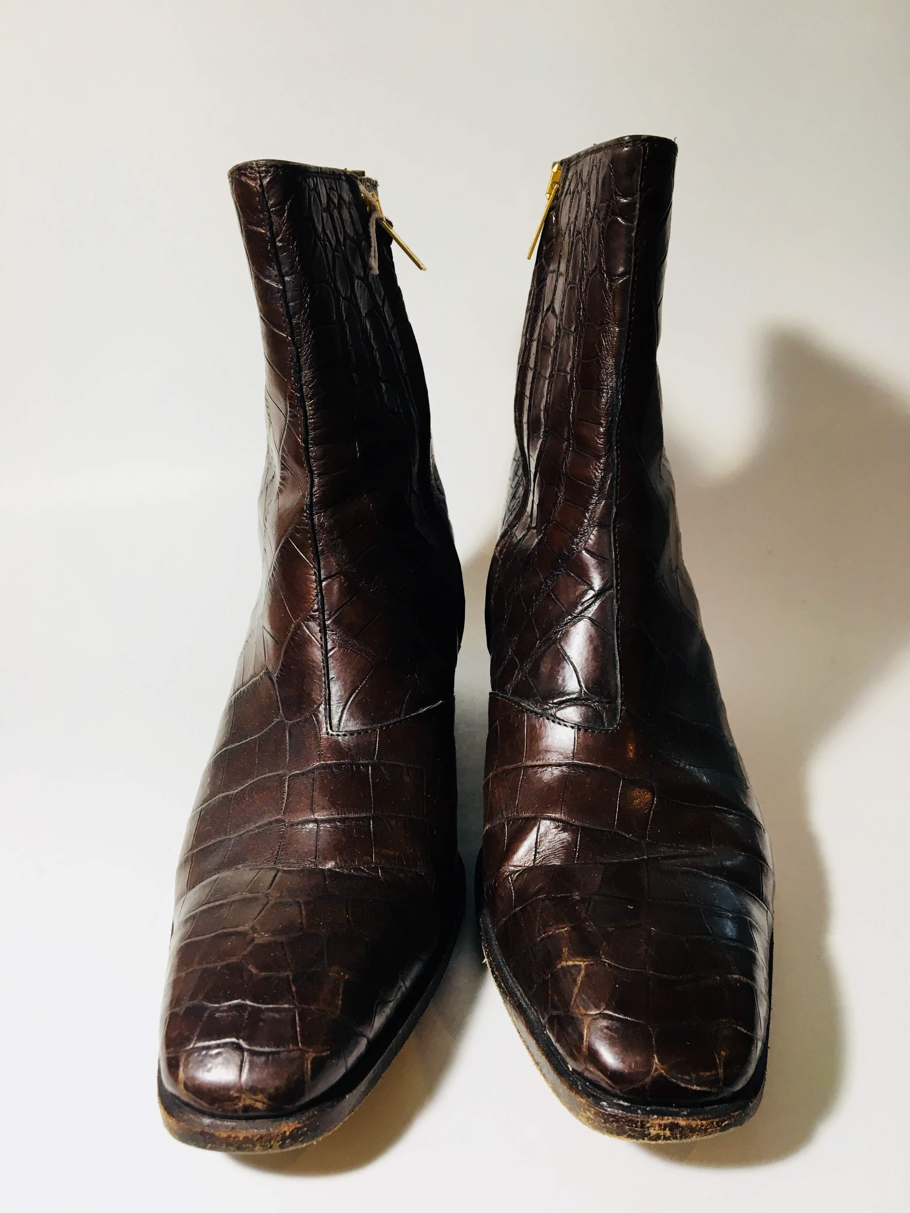 Semi-Round Tow Brown Alligator Leather Boots with Gold Zippers at Sides and Tabs at Back of Ankles. 