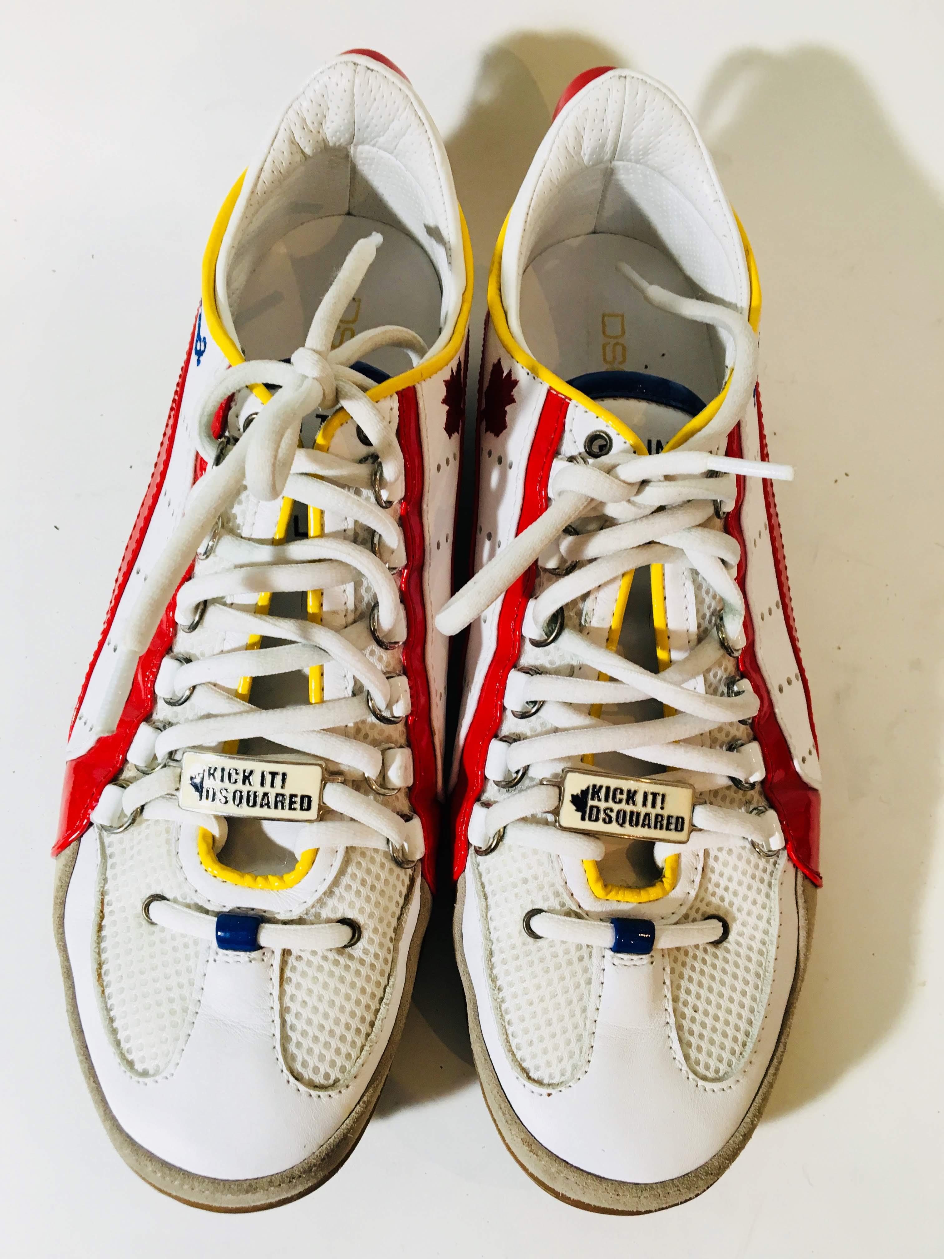 Mens D*Squared Sneakers with Red Patent Leather Details and White Laces. '1964' Embroidered on Heel and Maple Leaf on Side. Italian size 44 / US 11-11.5