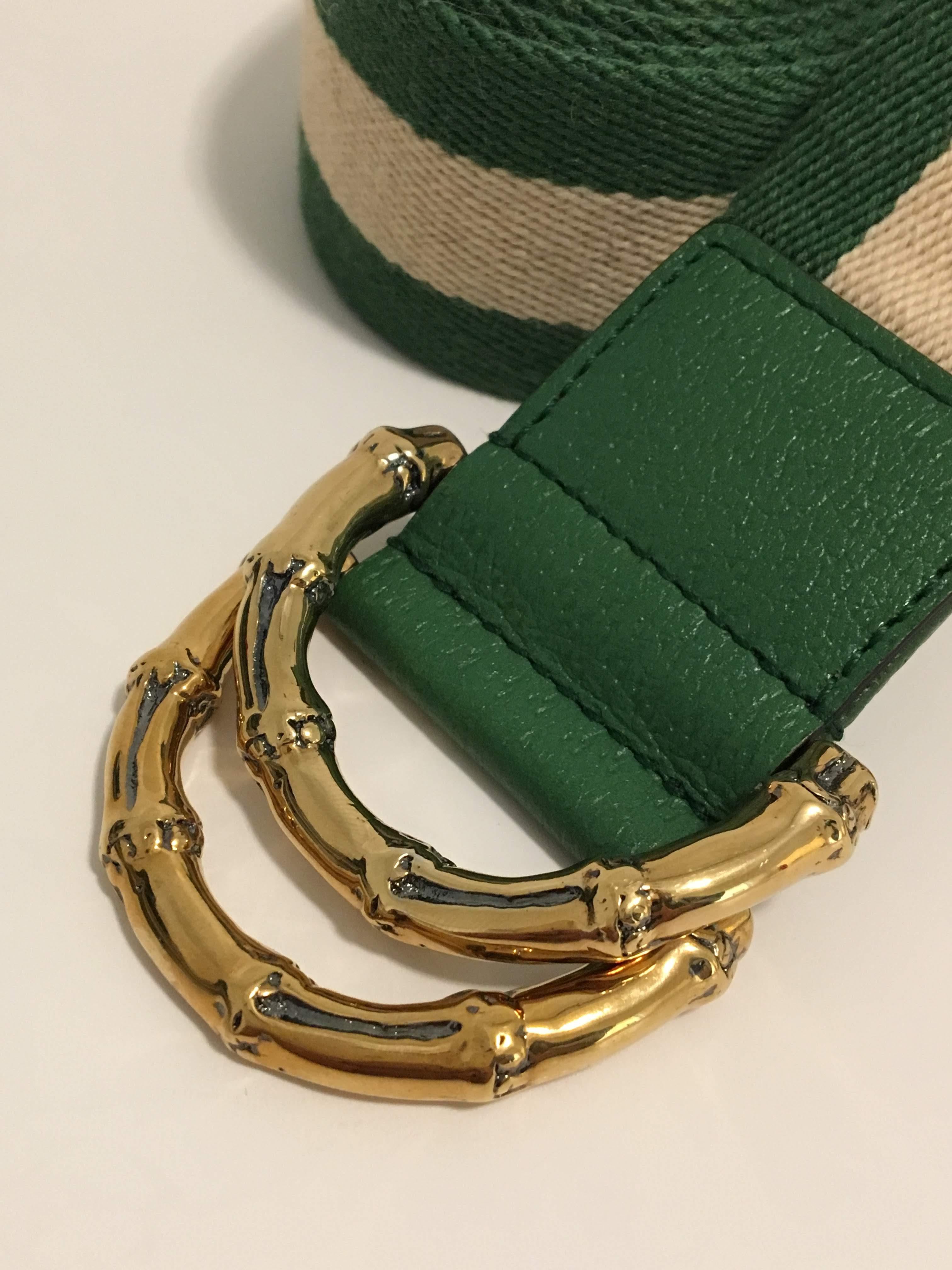 Gucci Two-Tone Belt in Green and Beige with Bamboo-Style Gold Buckle