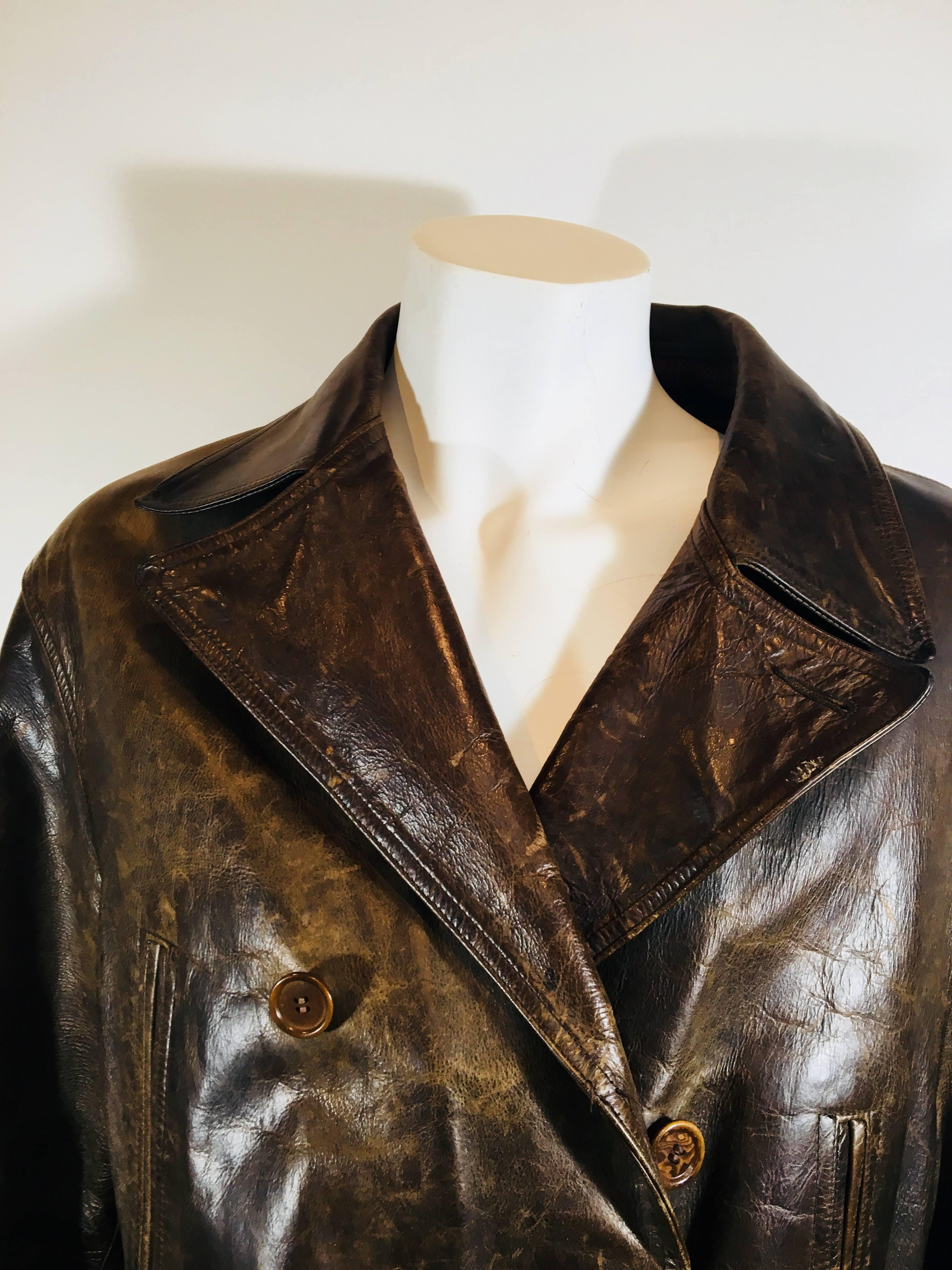 Men's Ralph Lauren Double Label Brown Distressed Leather Jacket with Waist Belt with Buckle and Wool Lining.
