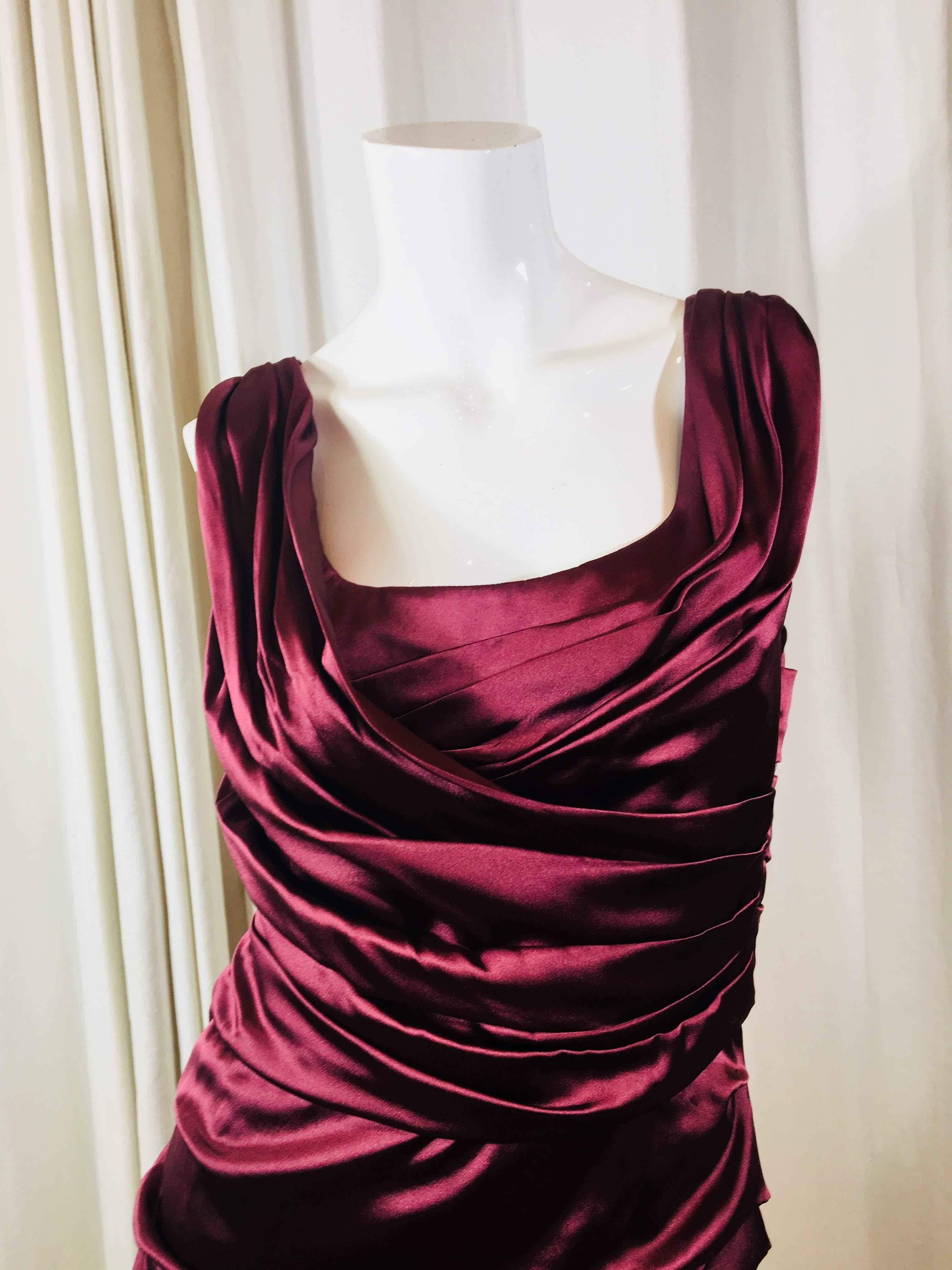 Dolce & Gabbana Fitted Tank Sheath Dress with All-Over Ruching, Pleated Cross Over Square Neckline, Plum Silk in size IT 44.