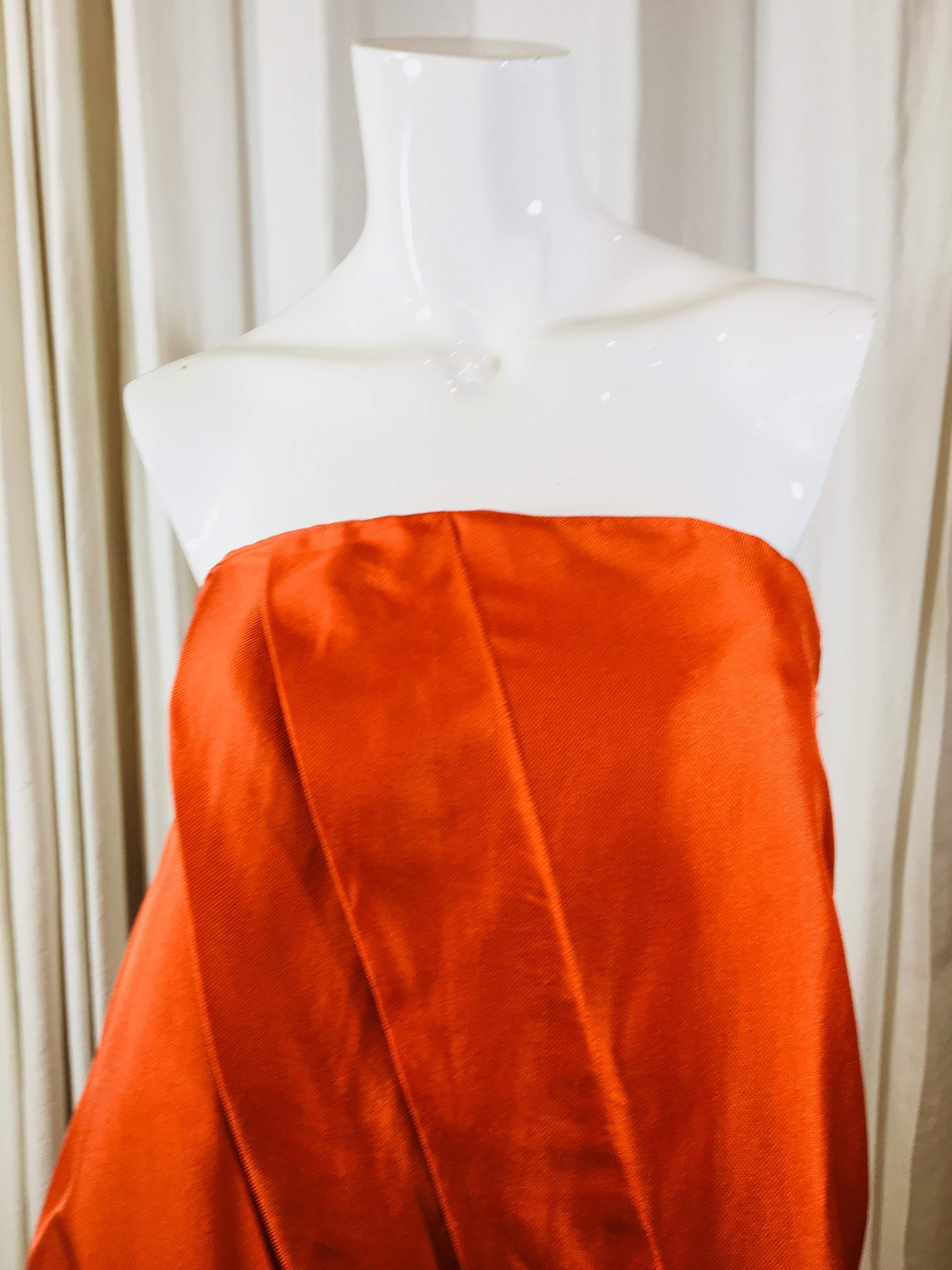 Chloe Orange Silk Strapless Mini Dress with Side Swept Front Fabric Detail and In-Seam Pockets.