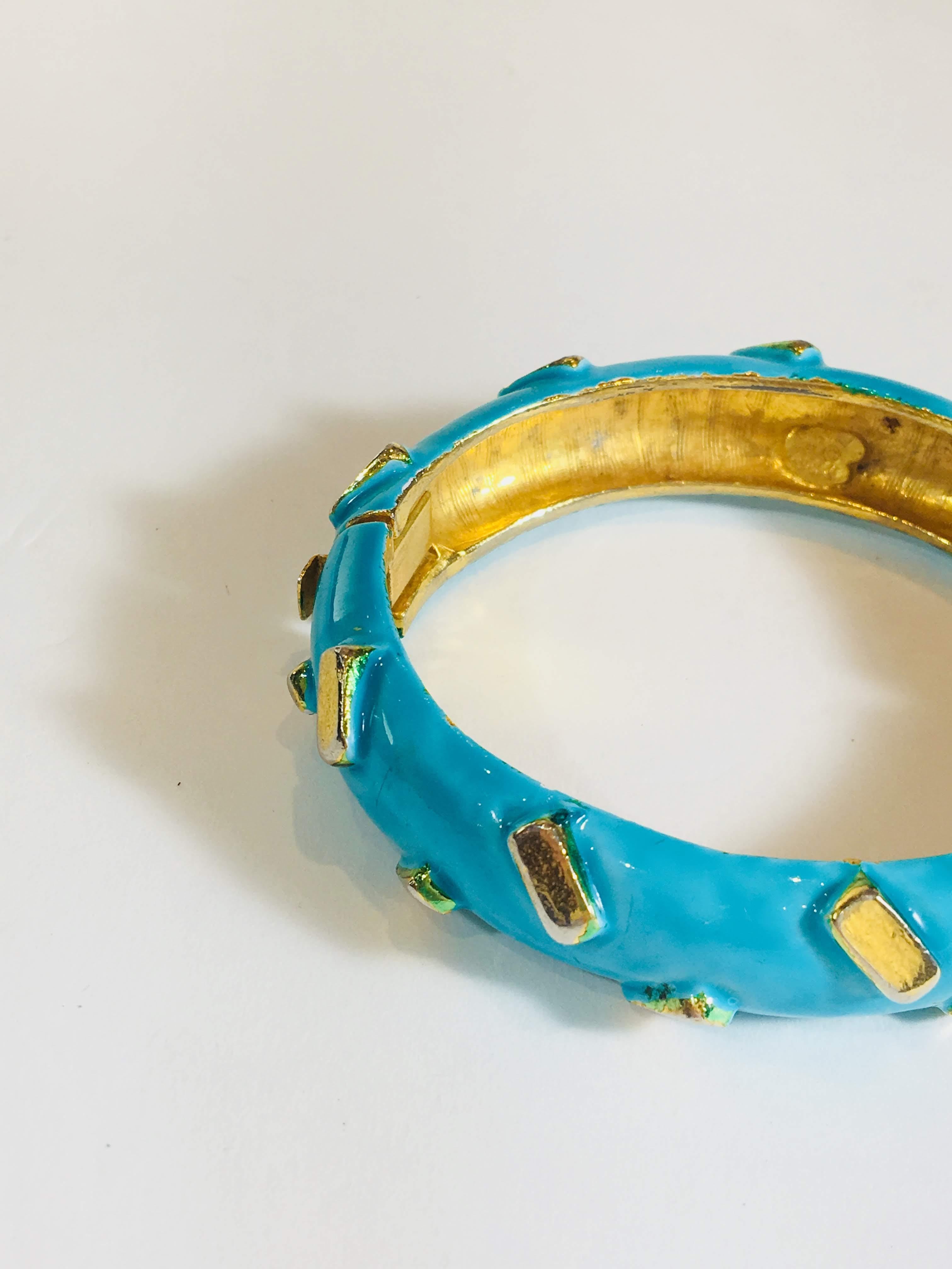 Turquoise and Gold Enamel Bangle with Hinge Opening
