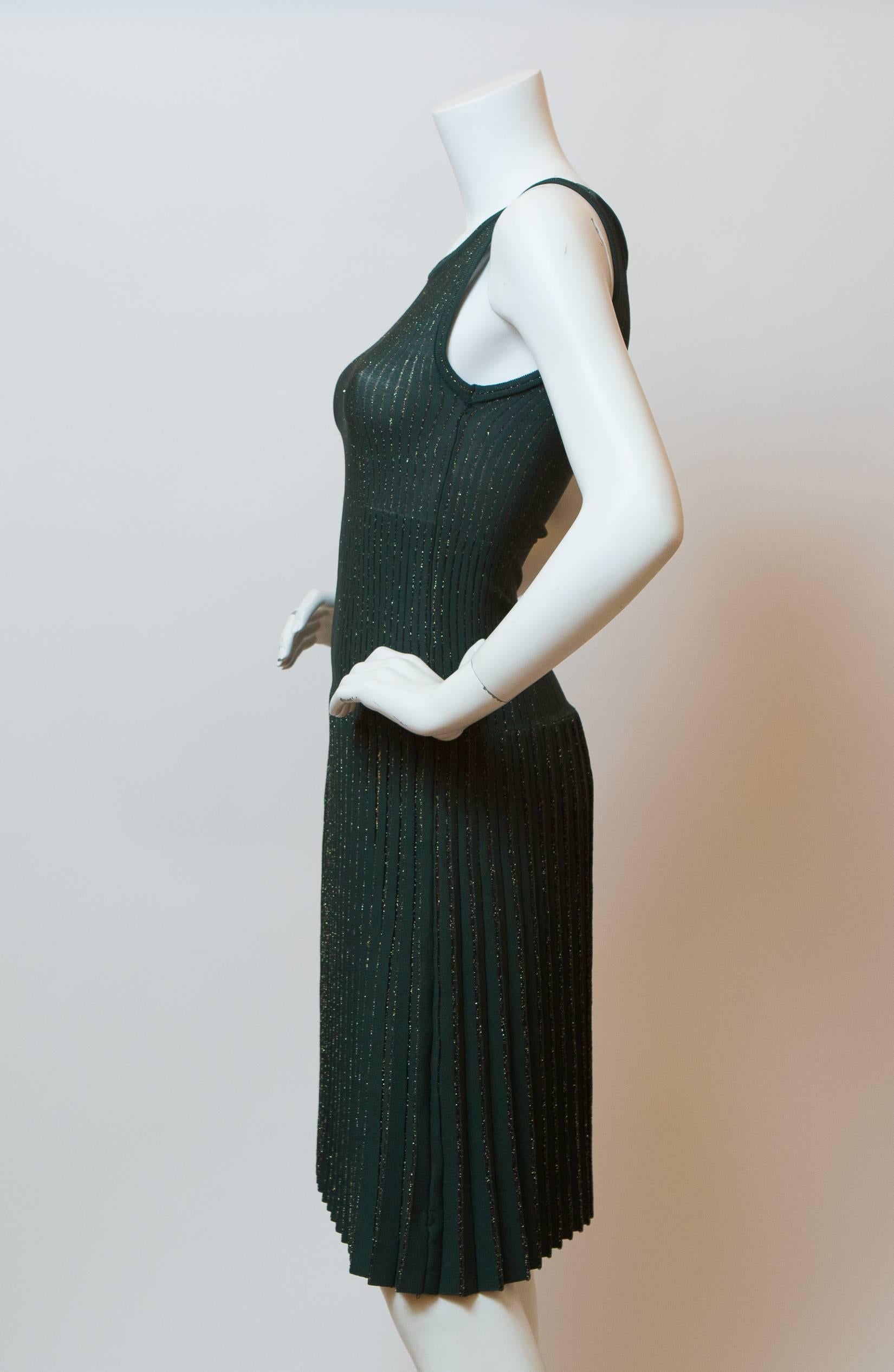 Alaia green knit with gold sparkle, sleeveless, pleated dress.