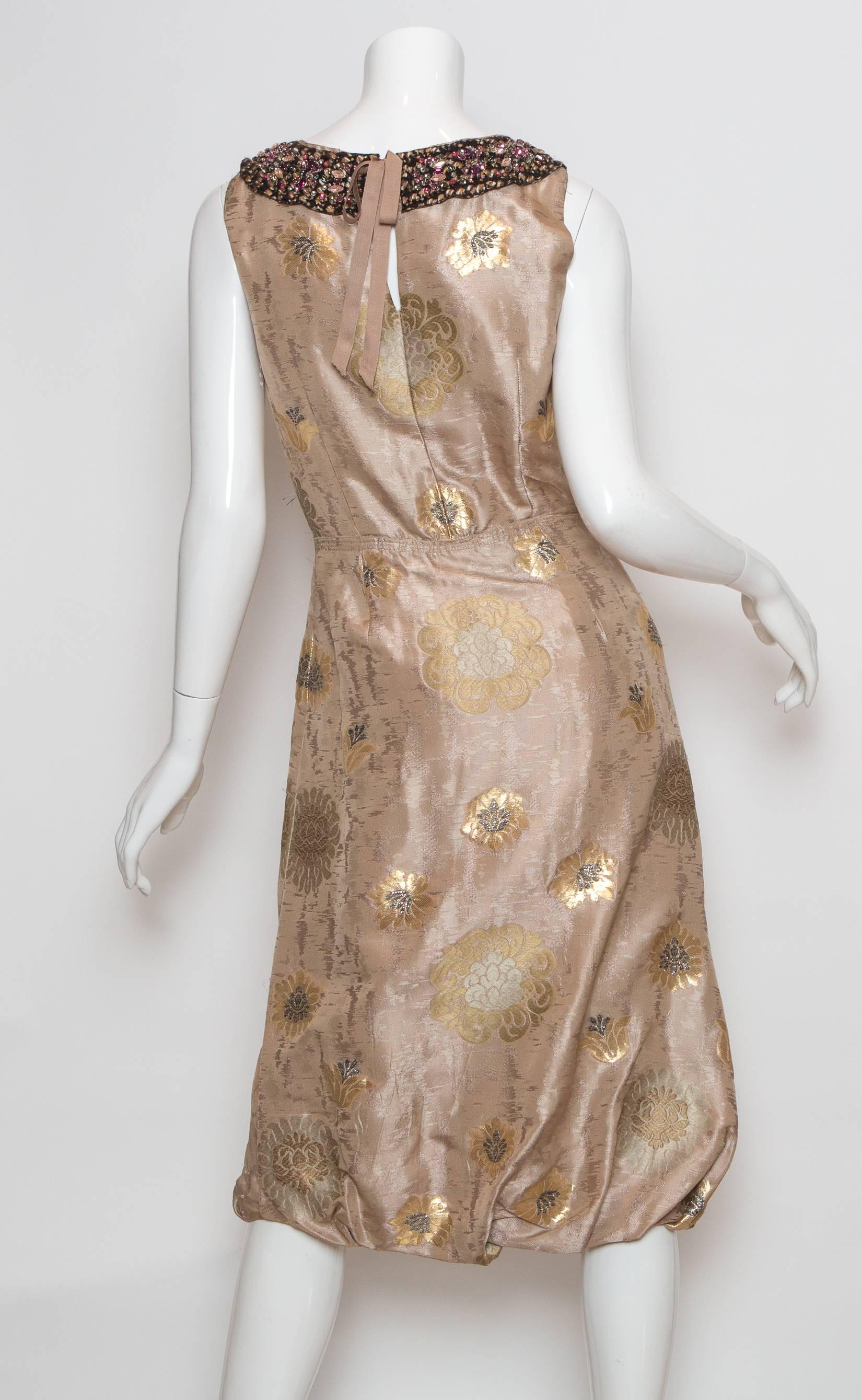 S/L Jacquard w/ bejeweled collar, gathered/pleated hem, silk dress.