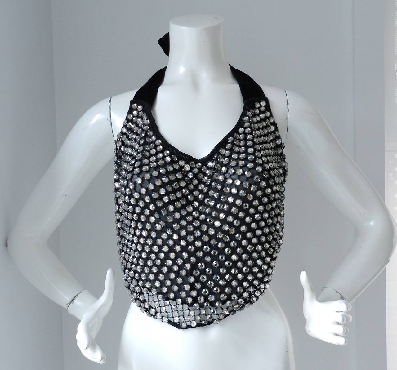 Tom Ford glamorous crystal bib necklace or halter top. Very heavy prong-set Swarovski crytals on black mesh. Ties with velvet ribbon sashes, and lined with sheer silk. Unworn with original price tag of $3990+. Front measures about 11