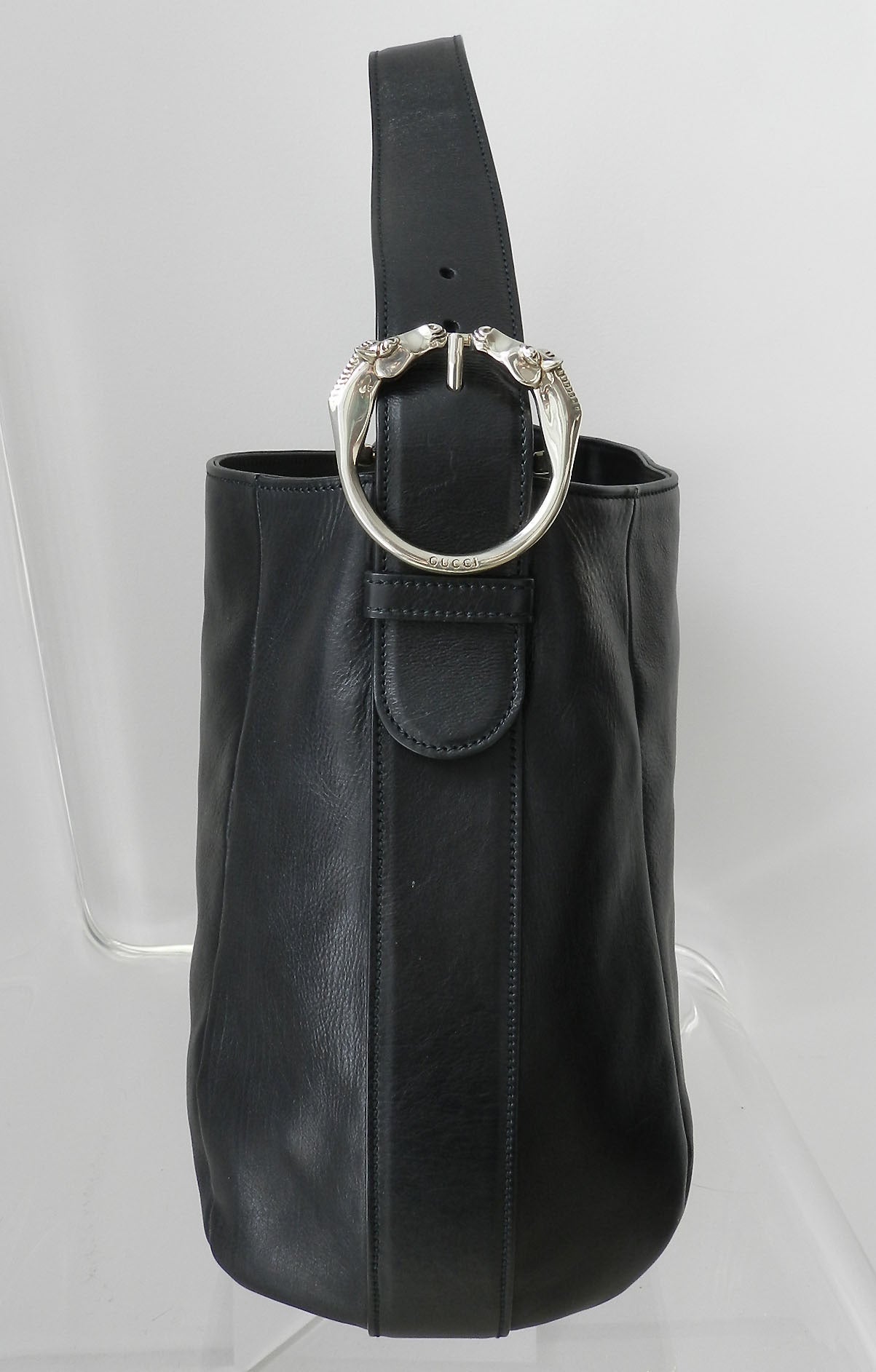 Gucci Ribot horse head buckle black leather hobo bag. Excellent previously owned condition with clean interior and exterior. Body measures about 16 x 14 x 7
