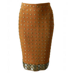 Oscar de la Renta Tan Suede Skirt with Metal Studs