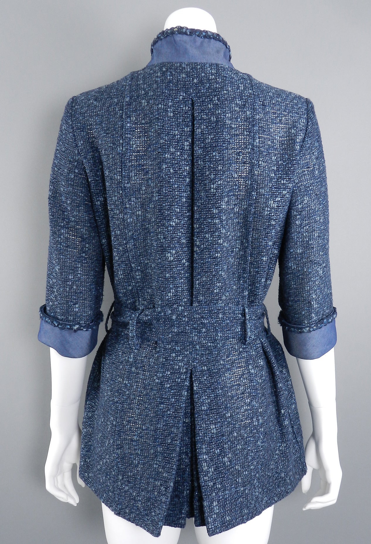 Chanel 12P Denim Blue Jacket with sash belt In Excellent Condition In Toronto, ON
