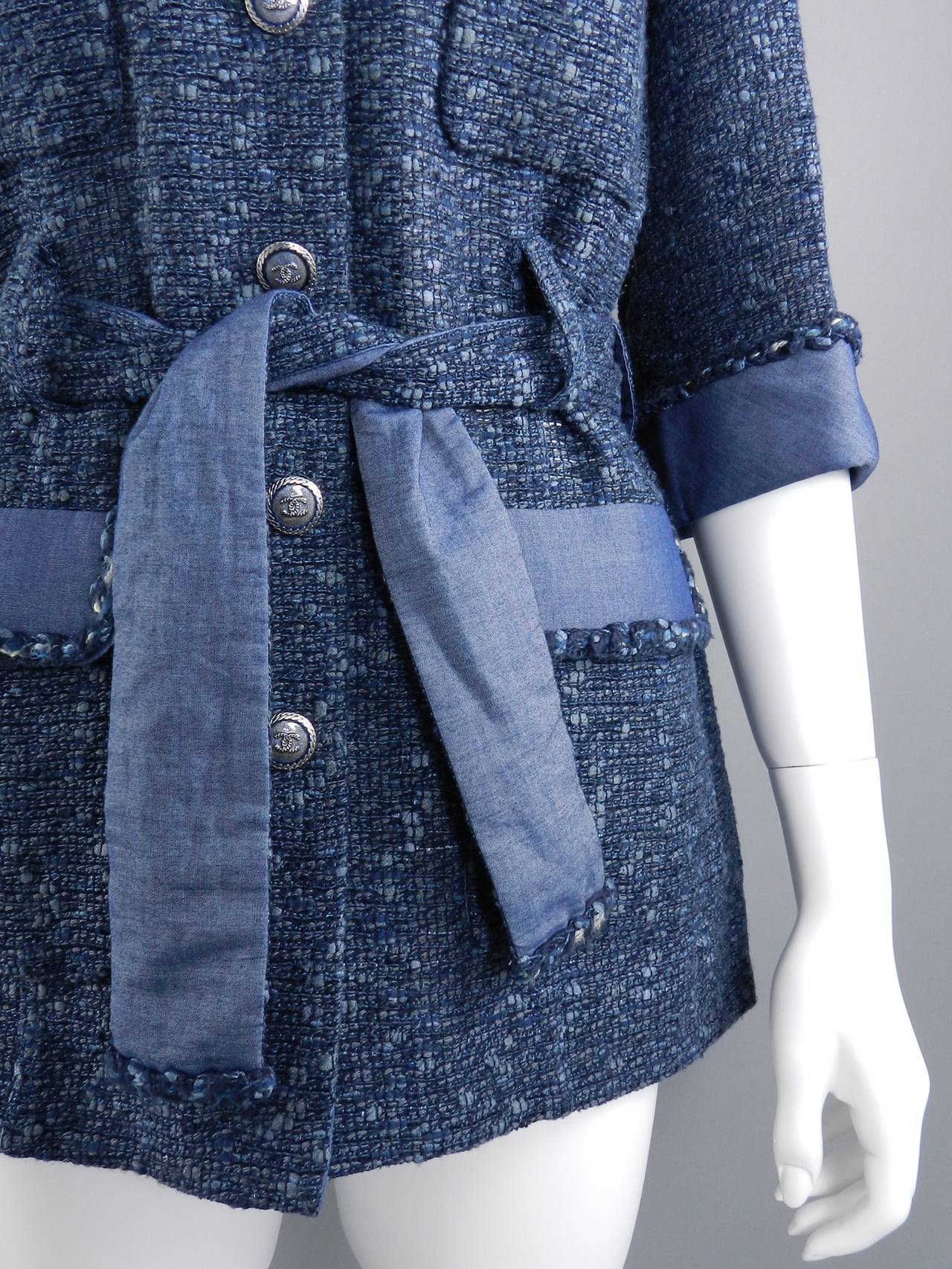 Women's Chanel 12P Denim Blue Jacket with sash belt