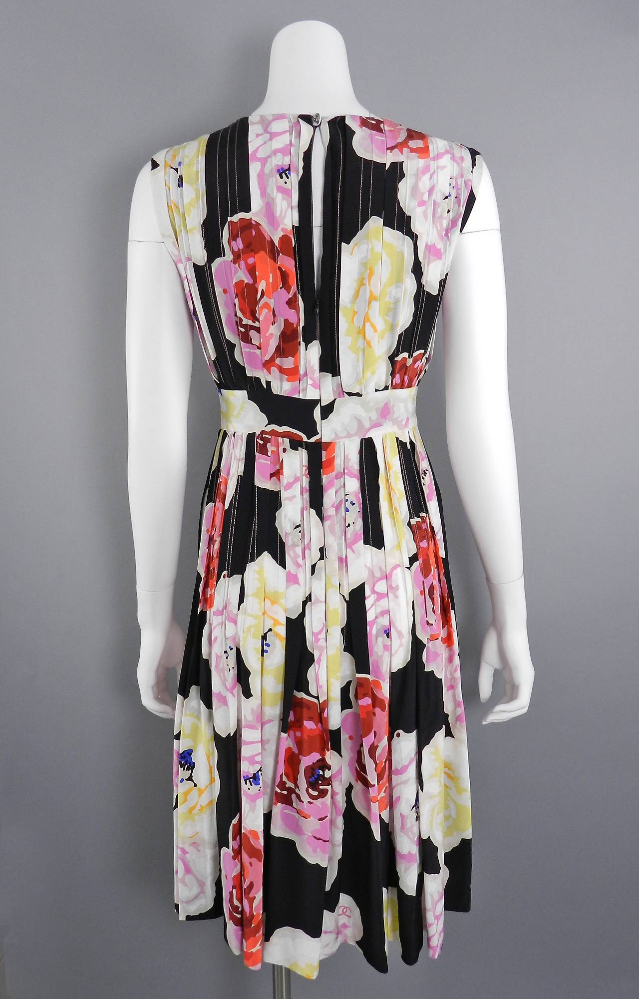 Chanel 11P Pink and Black Silk Floral Pleated Dress 1