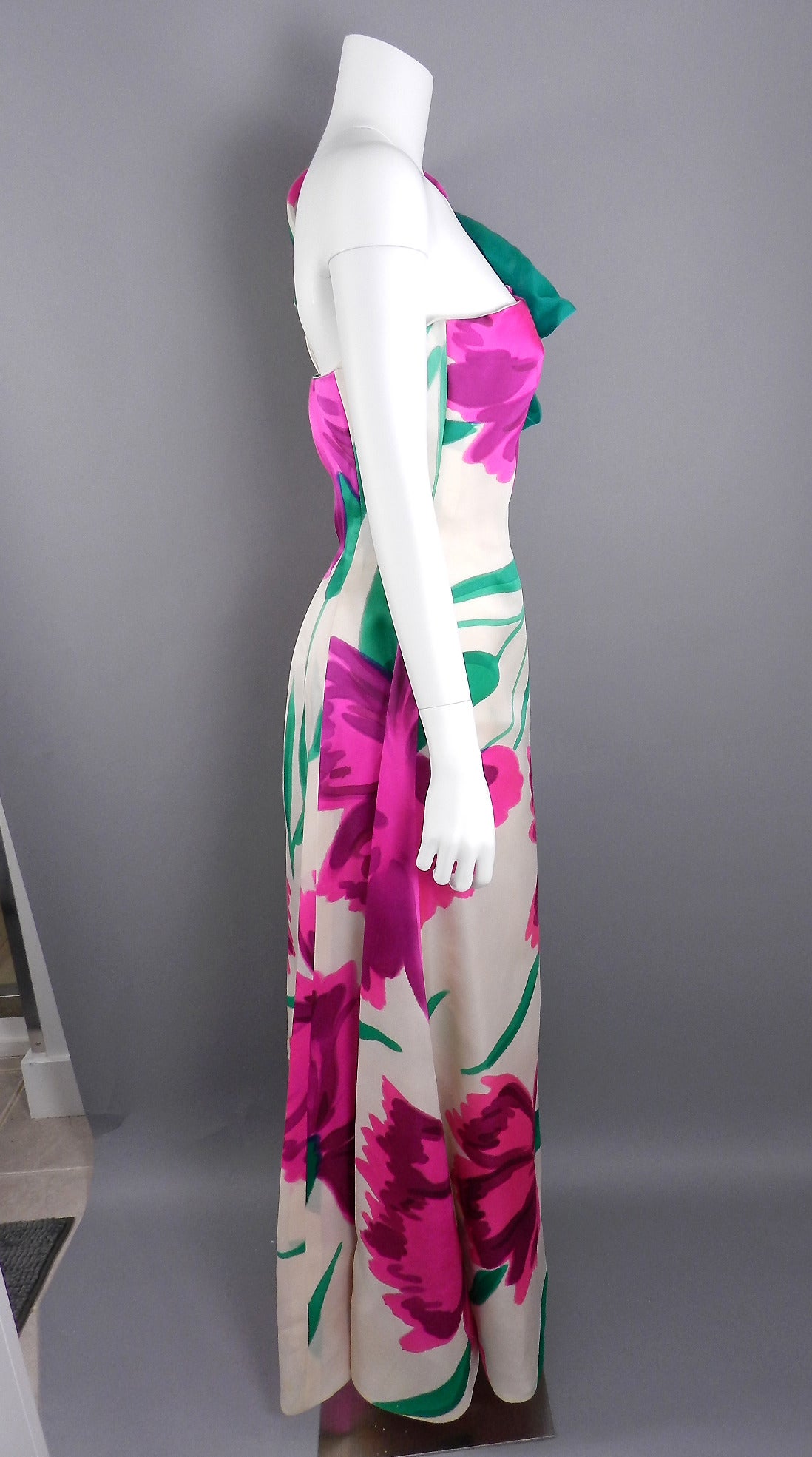 Vintage Place Vendome haute couture pink and teal foral one shoulder gown. 100% silk. Excellent clean condition. Approximate size USA 6. To fit 34