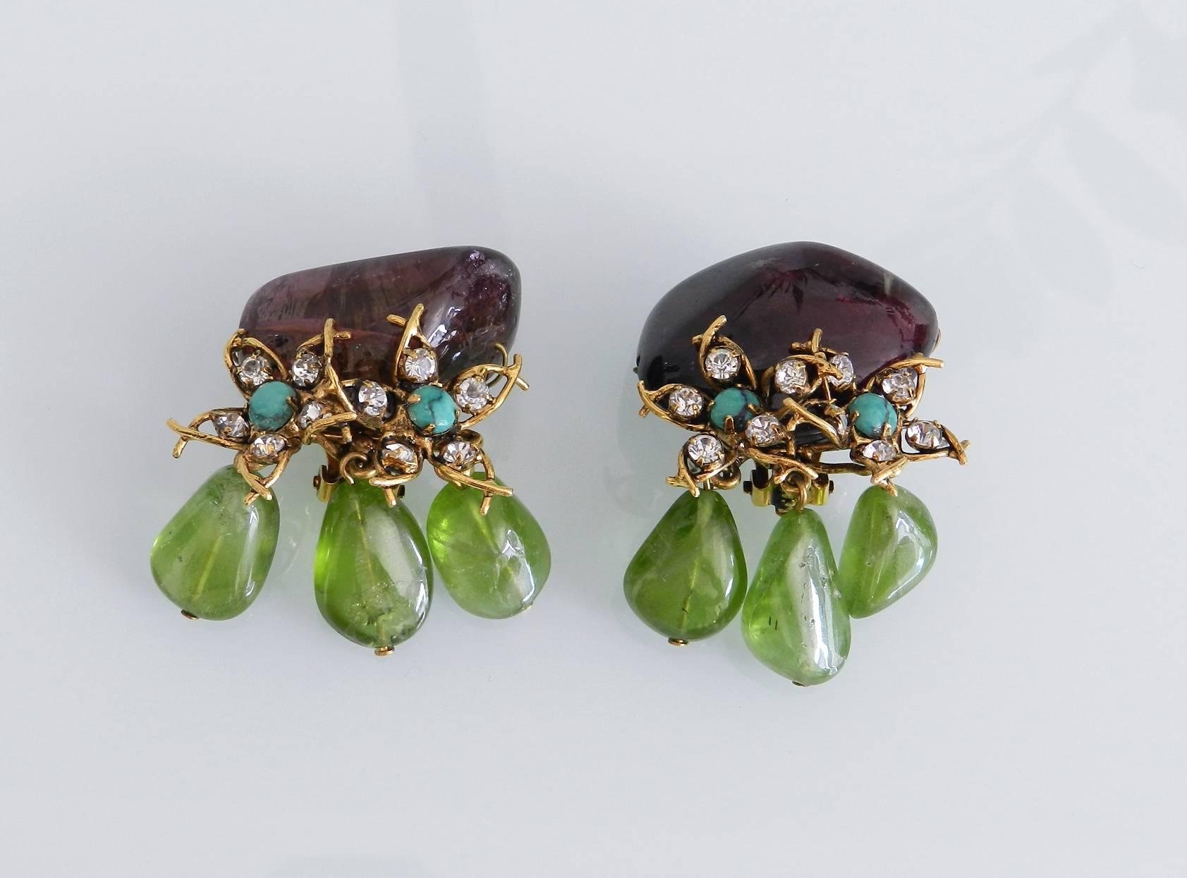 Iradj Moini amethyst and peridot beaded clip earrings. Goldstone metal with clear rhinestones and turquoise. Excellent condition. Measures about 1.75