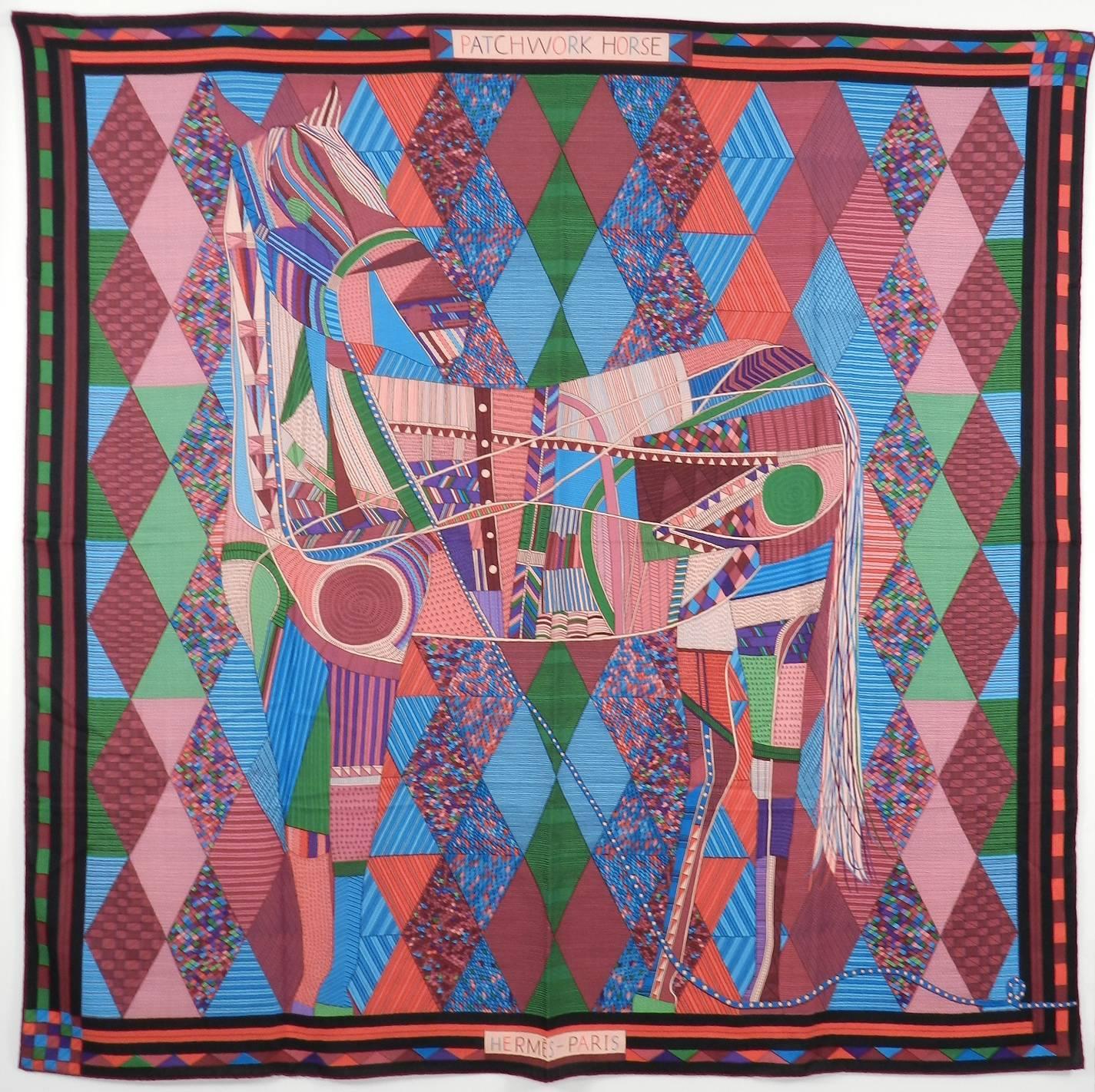 Hermes Patchwork Horse by Nigel Peake. Cashmere silk 140cm shawl scarf - Pink, blue, green, purple. Excellent pre-owned condition.  65% cashmere 35% silk blend. No box. 

We ship worldwide.