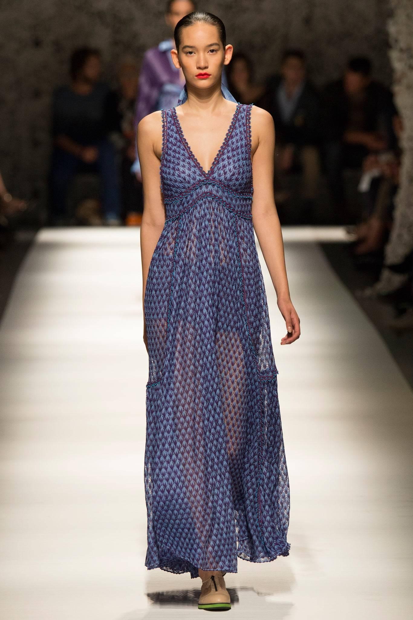 Missoni Spring 2015 runway gown. Purple and periwinkle blue signature knit. Unlike the runway version pictured, this gown is lined with silk and is not sheer. Fastens at side bust with hook and eye closures and snaps. Tagged size IT 42 (USA 6).