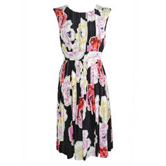 Chanel 11P Pink and Black Silk Floral Pleated Dress