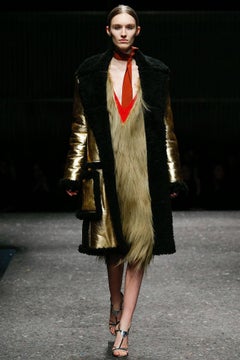 Prada Fall 2014 Runway Gold and Black Long Shearling Coat