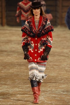 Chanel Pre-Fall 2014 Paris Dallas Runway Red and Navy Fringed Cardigan Sweater