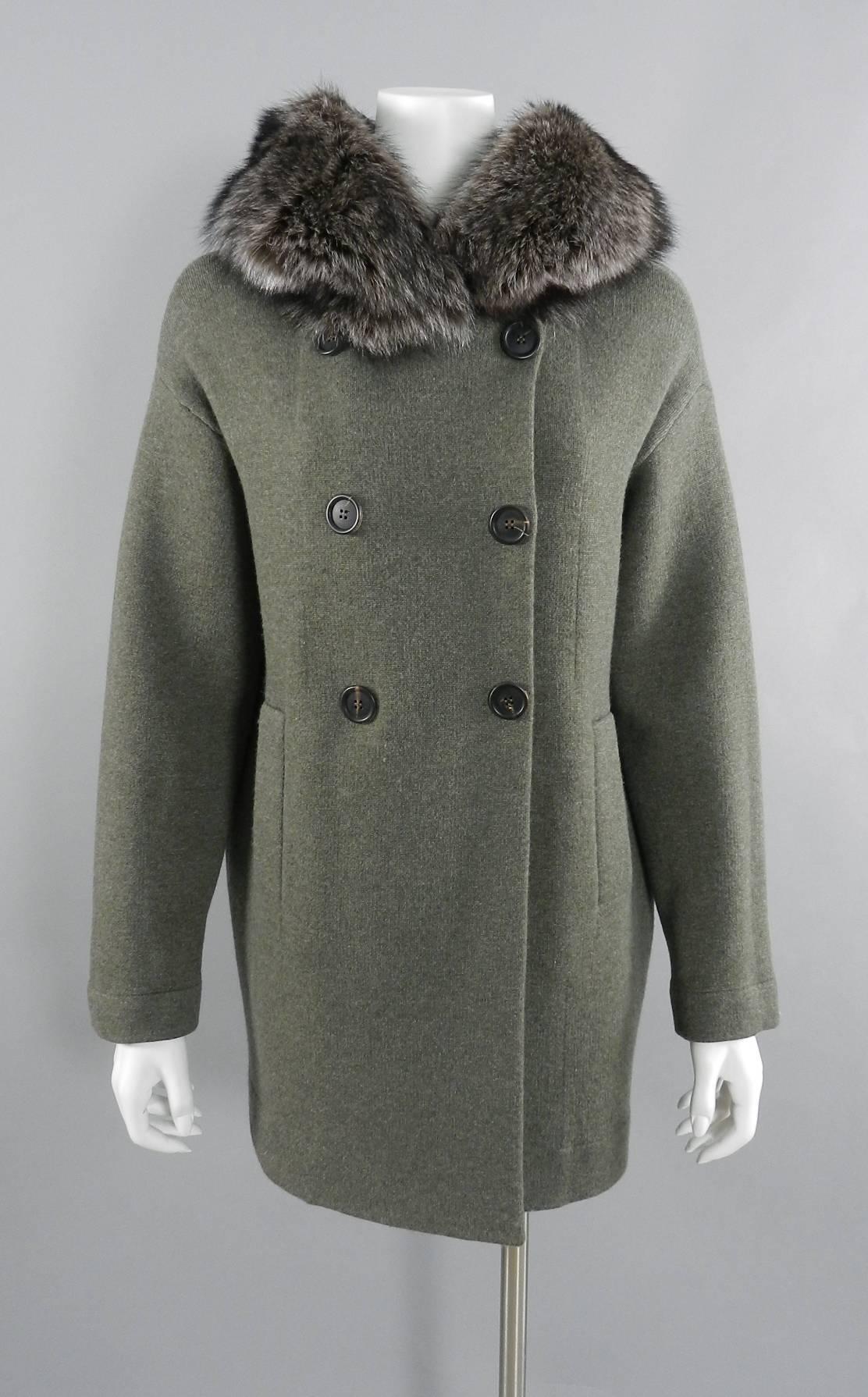 Brunello Cucinelli Cashmere Knit Sweater Coat with Fox Fur Hood.  100% cashmere double-faced knit jersey in grey / olive with dark charcoal grey interior. Fastens at front with large hidden snaps, has side hip pockets, dropped shoulder seams, and