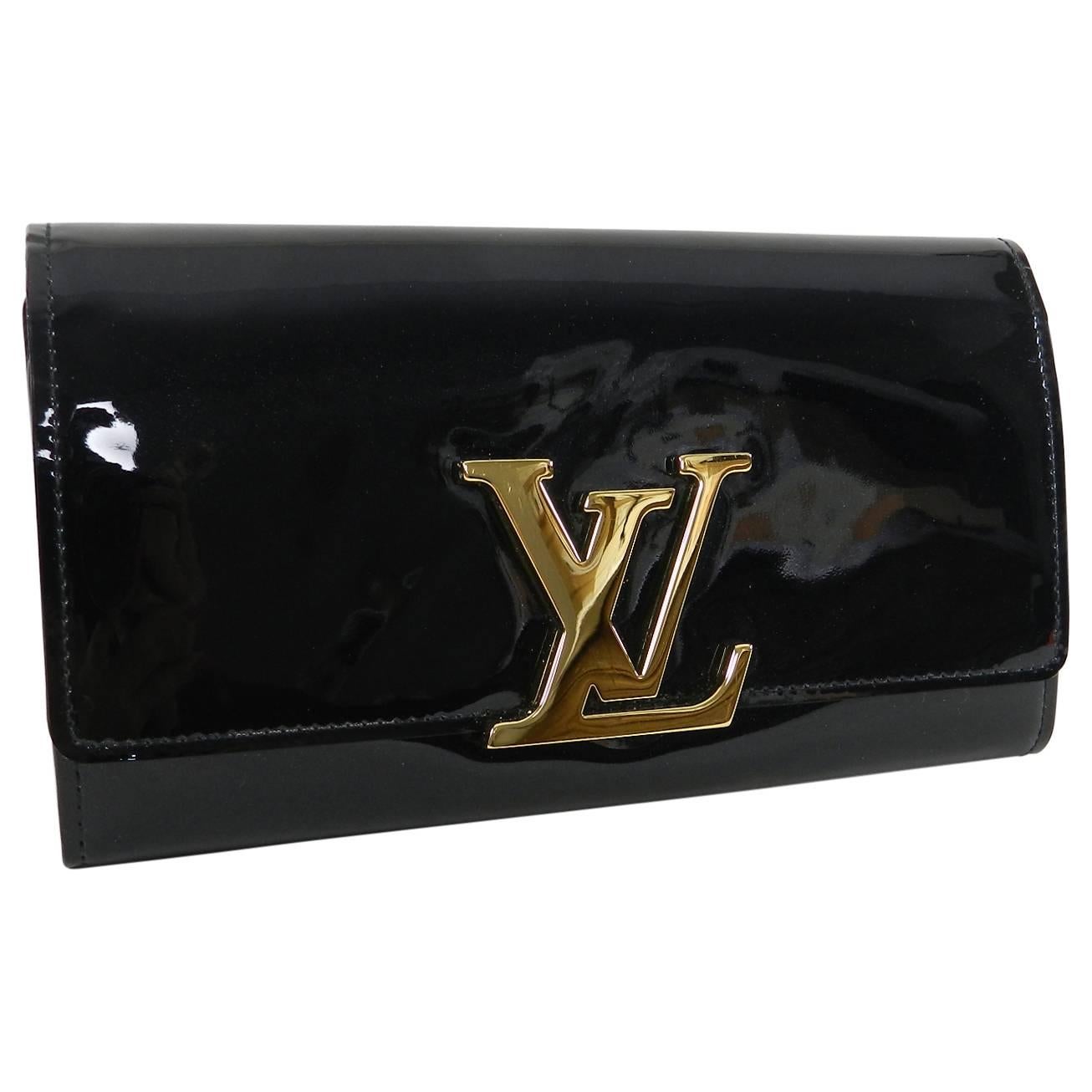 Beige Louis Vuitton Black Vernis Louise Wallet with Gold-Tone LV Logo 
