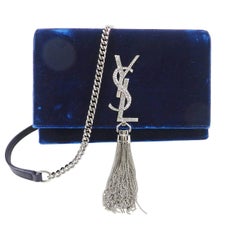 Saint Laurent Kate Tassel Blue Velvet and Rhinestone Crossbody Bag